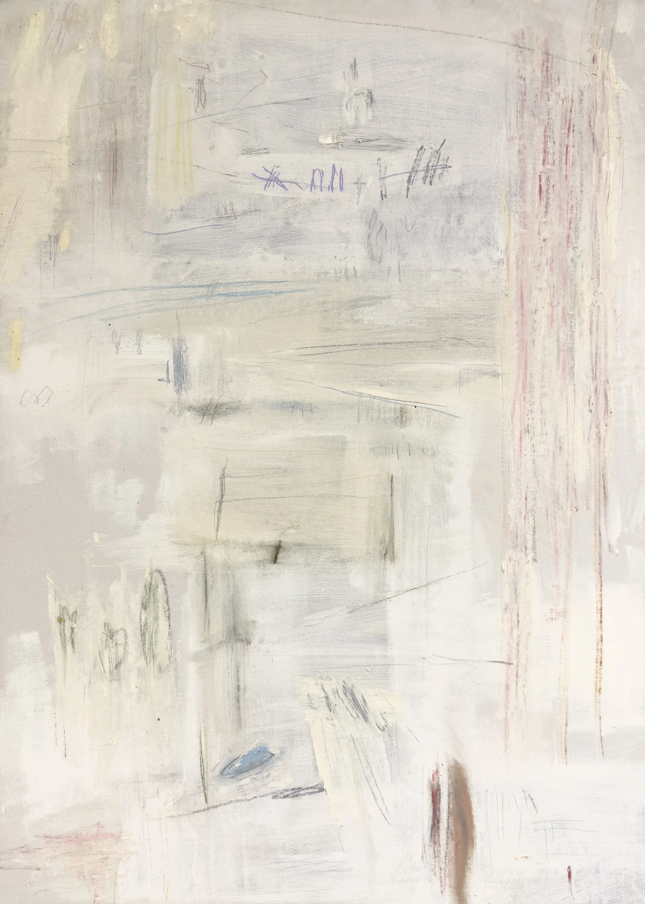   Encroaching Sepulchre,  2026  30 × 42 Inches  Oil, Acrylic, Oil Stick, Crayon, Colored Pencil, and Graphite on Canvas 
