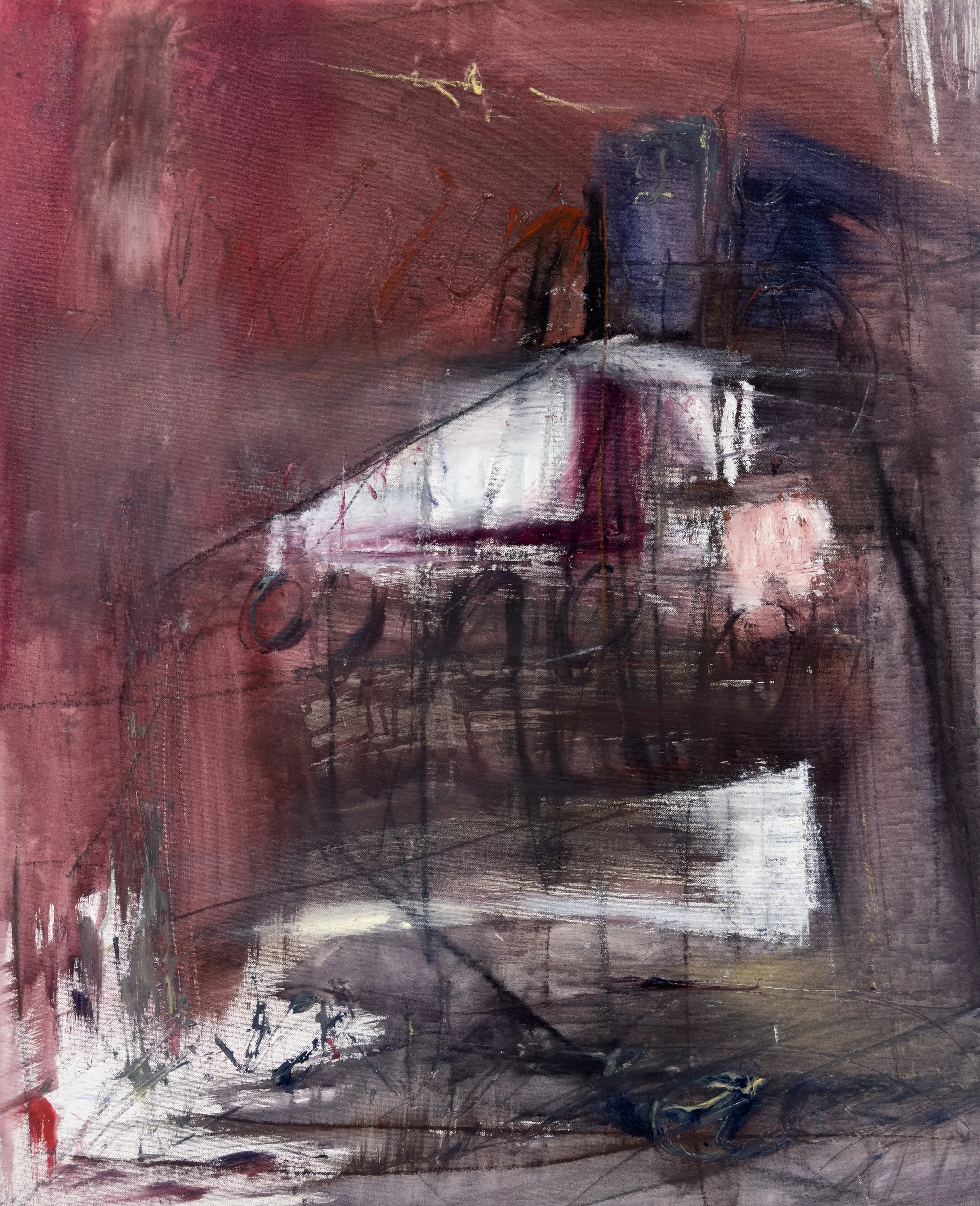   (N)either Travel (N)or Arrival,  2026  28 × 34 Inches  Oil, Acrylic, Oil Stick, Crayon, Pastel, Colored Pencil, and Graphite on Canvas 