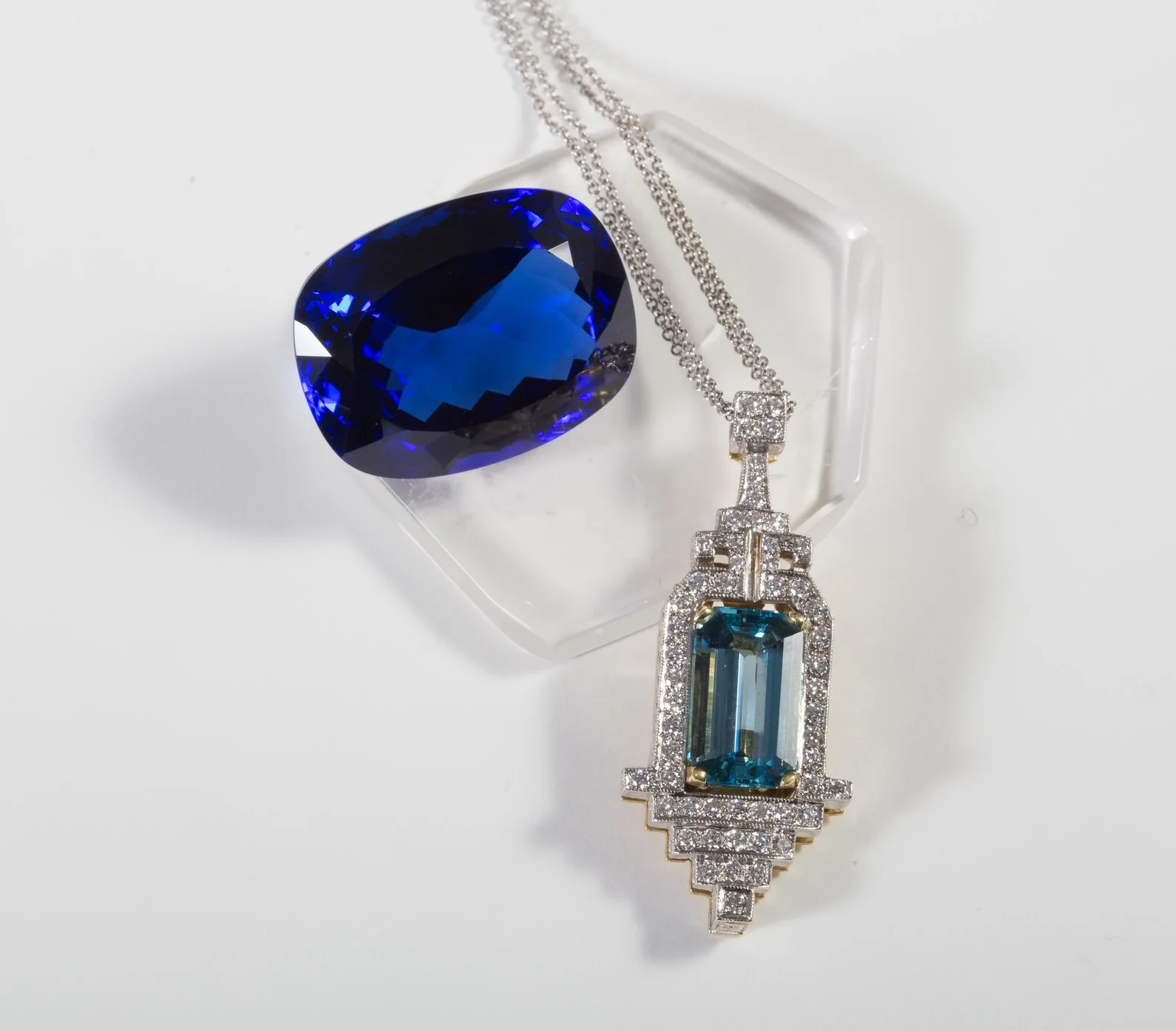 5.96ct Aquamarine Pendant set in 18k Hand Engraved White Gold with 18k Yellow Gold Accents $16,500