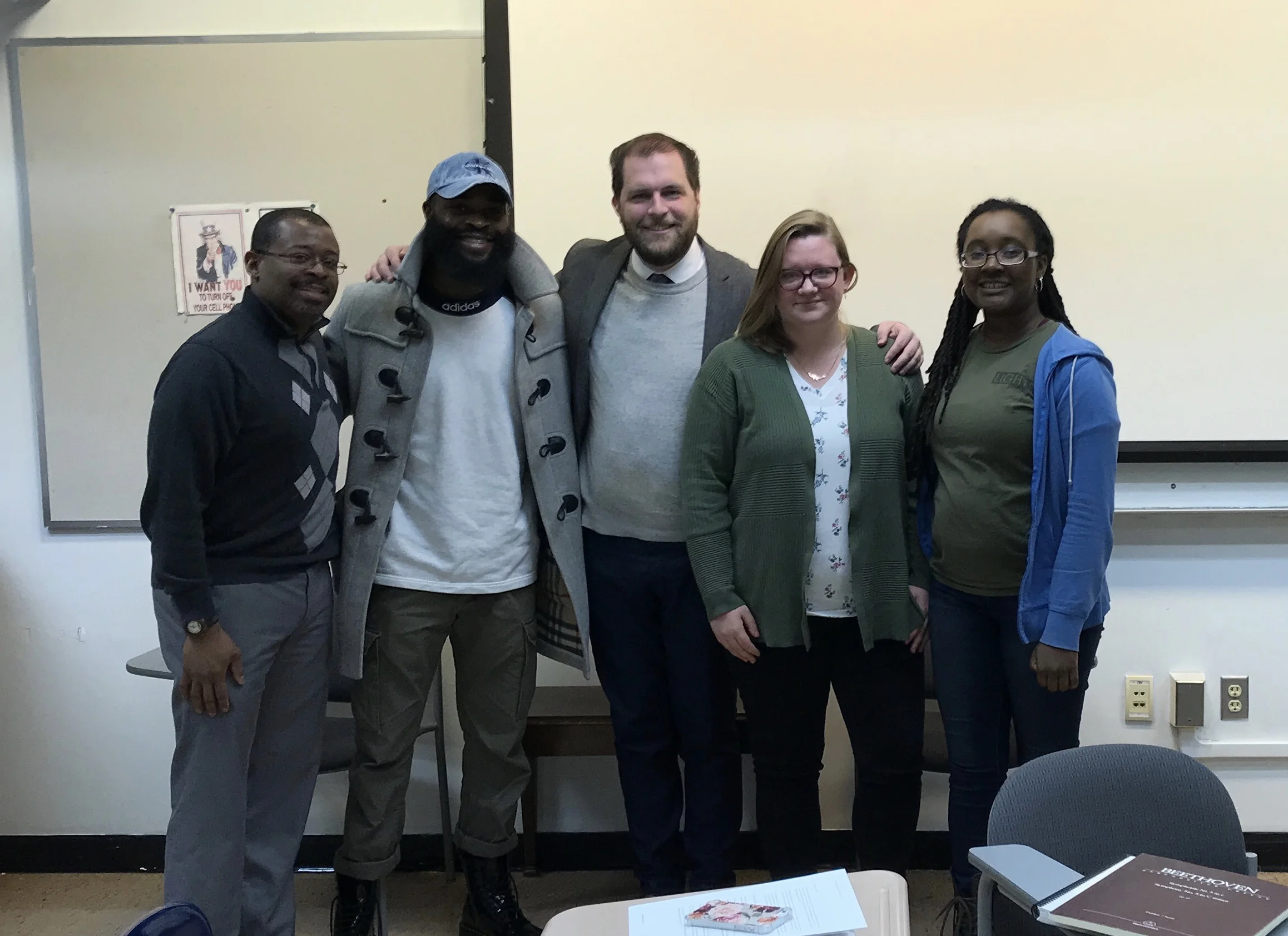 Pictured with the Advanced Composition Seminar at Morgan State University. From left to right: Dr. James Lee III, Victor Ntam, Jordan Randall Smith, Caite Debevec and Raejéan N. Hill.