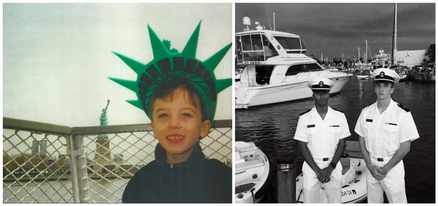 Dylan Sweeney @ the Statue of Liberty with the World Trade Center in the background in March of 2001. On the right, Dylan with Trevor Day School classmate and friend and now fellow United States Naval Academy Midshipman, Alex, in Annapolis, MD.