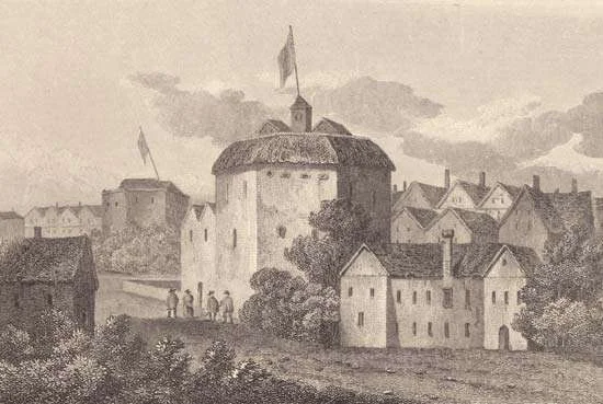 An enhanced 1612 etching of the Globe theatre.