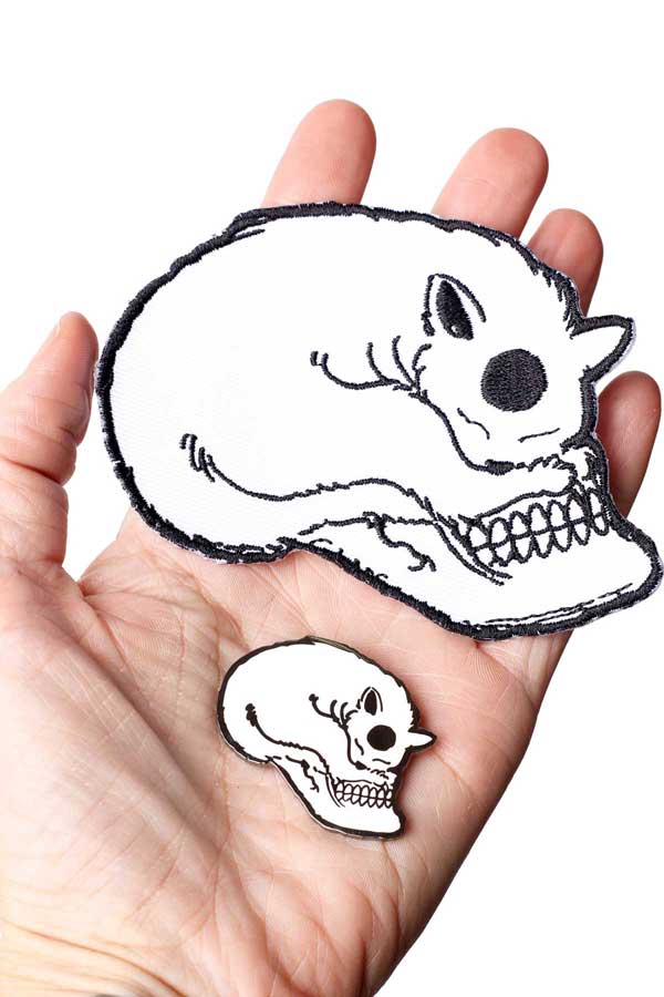 Cat Skull Embroidered Patch & Enamel Pin by I don't Give a Meow