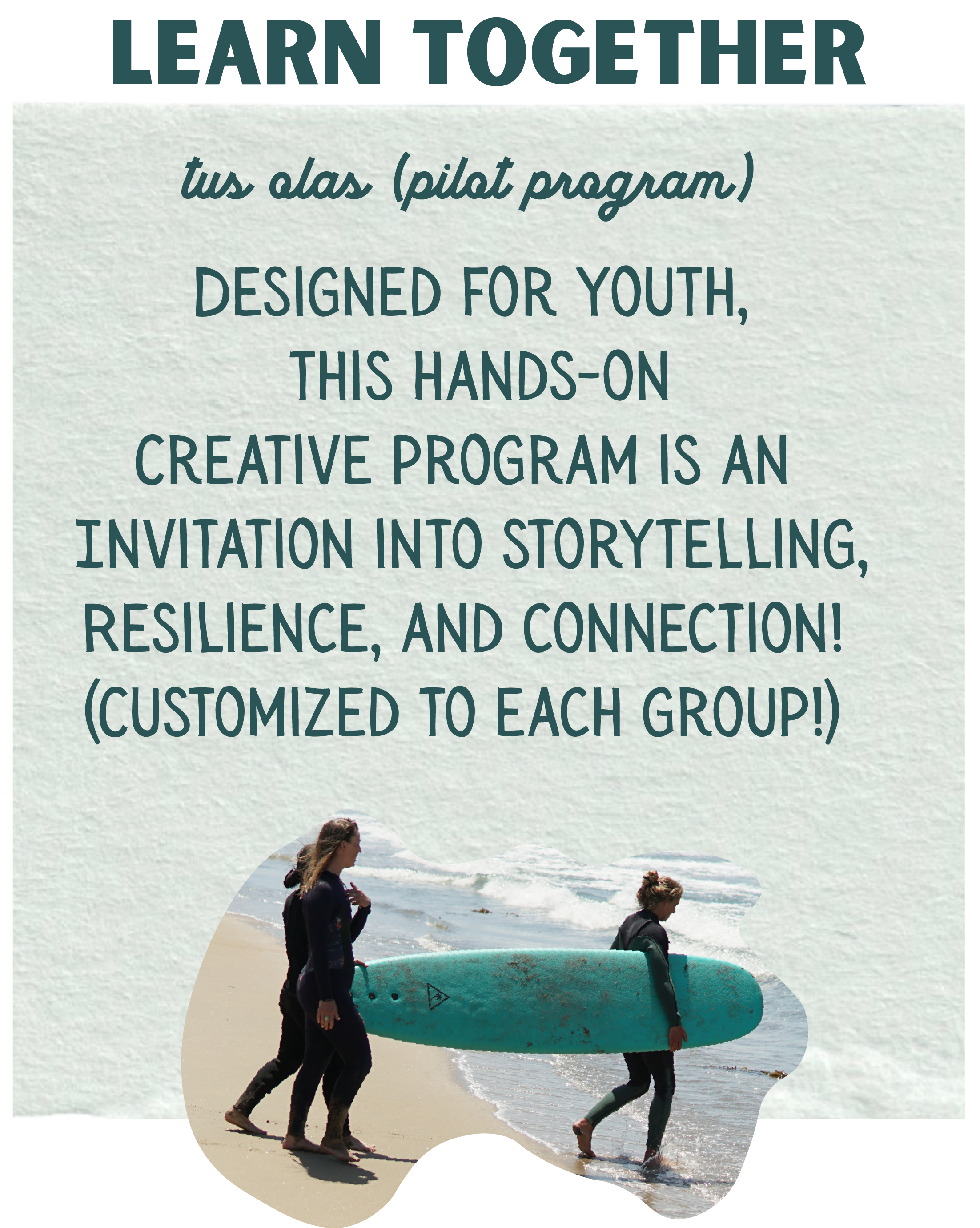 Tus Olas is a program designed for youth. A hands-on creative program with storytelling, resilience, and connection. Creative, embroidery, trauma informed care