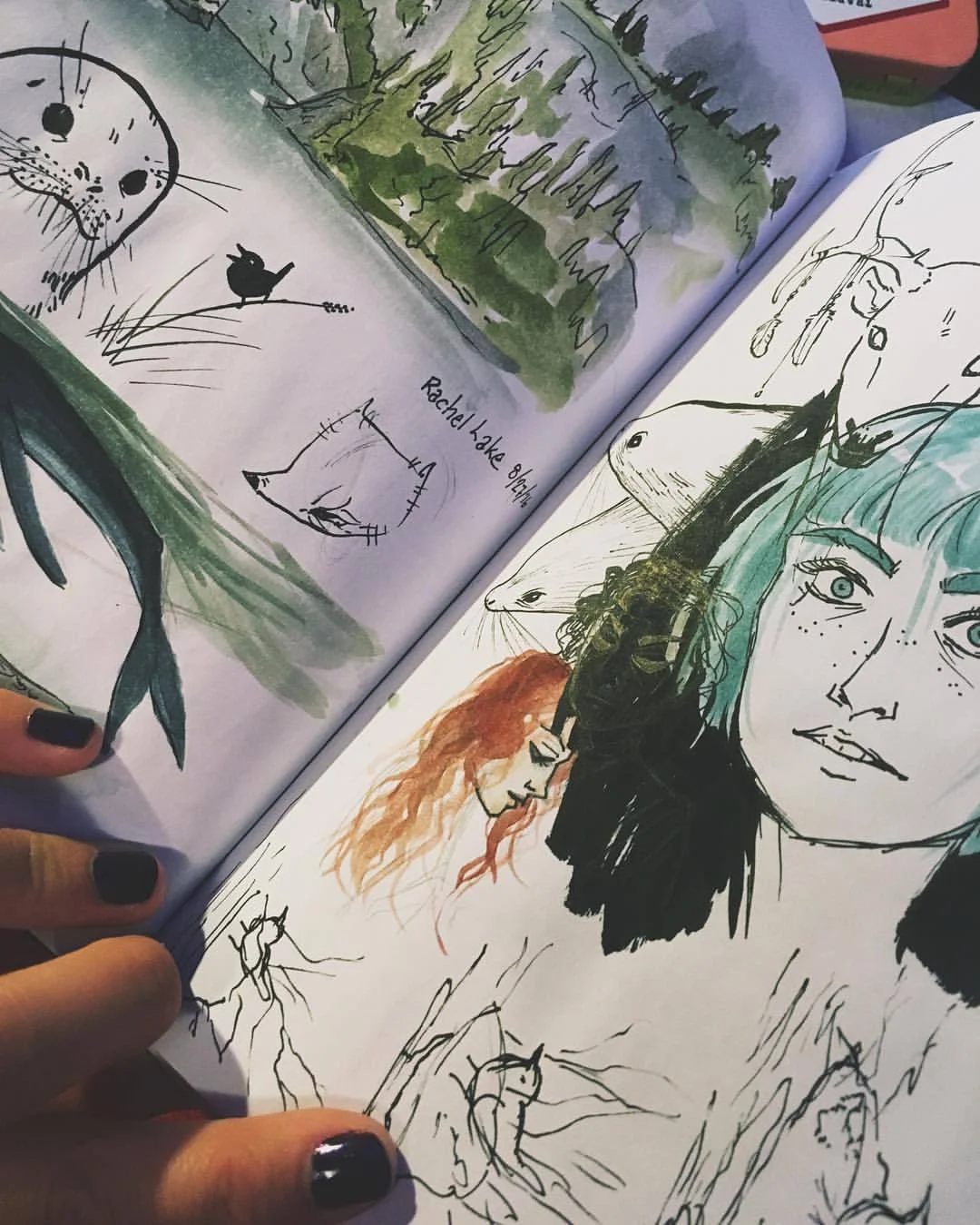 A peek into my Rendr travel sketchbook. Micron pen, watercolor, and copic marker drawings shown. None of them bleed through the paper at all. 