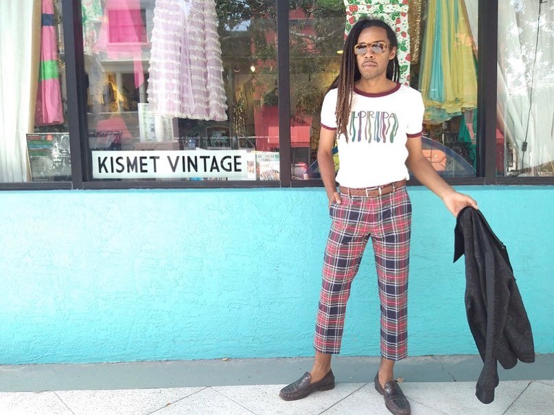 Open! Don&rsquo;t sleep on all our rad men&rsquo;s stuff! From $10 band tees to vintage 70s pants! You never know what you&rsquo;ll find! @merboots also wearing the amazing 😎@shadyspex get a pair @shopkismetvintage #westpalmbeach #palmbeach #vintage