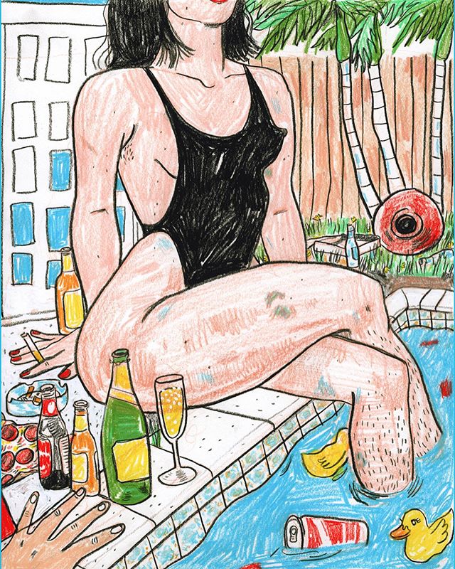 miami next week!!! catch peter and tink crashing all the art parties 💦 .
.
.
#bruises #coloredpencil #poolparty #miamigirls #illustration #tbt #drawing #sketchbook #virgoszn #poolside