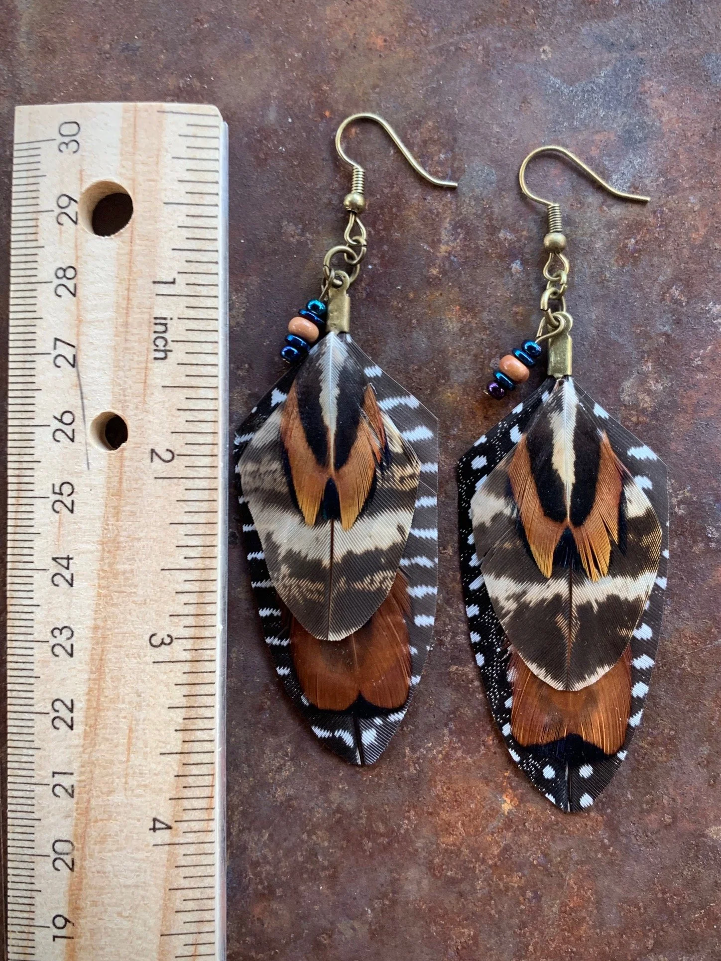 Pheasant Feather Earrings with Ruler.jpg