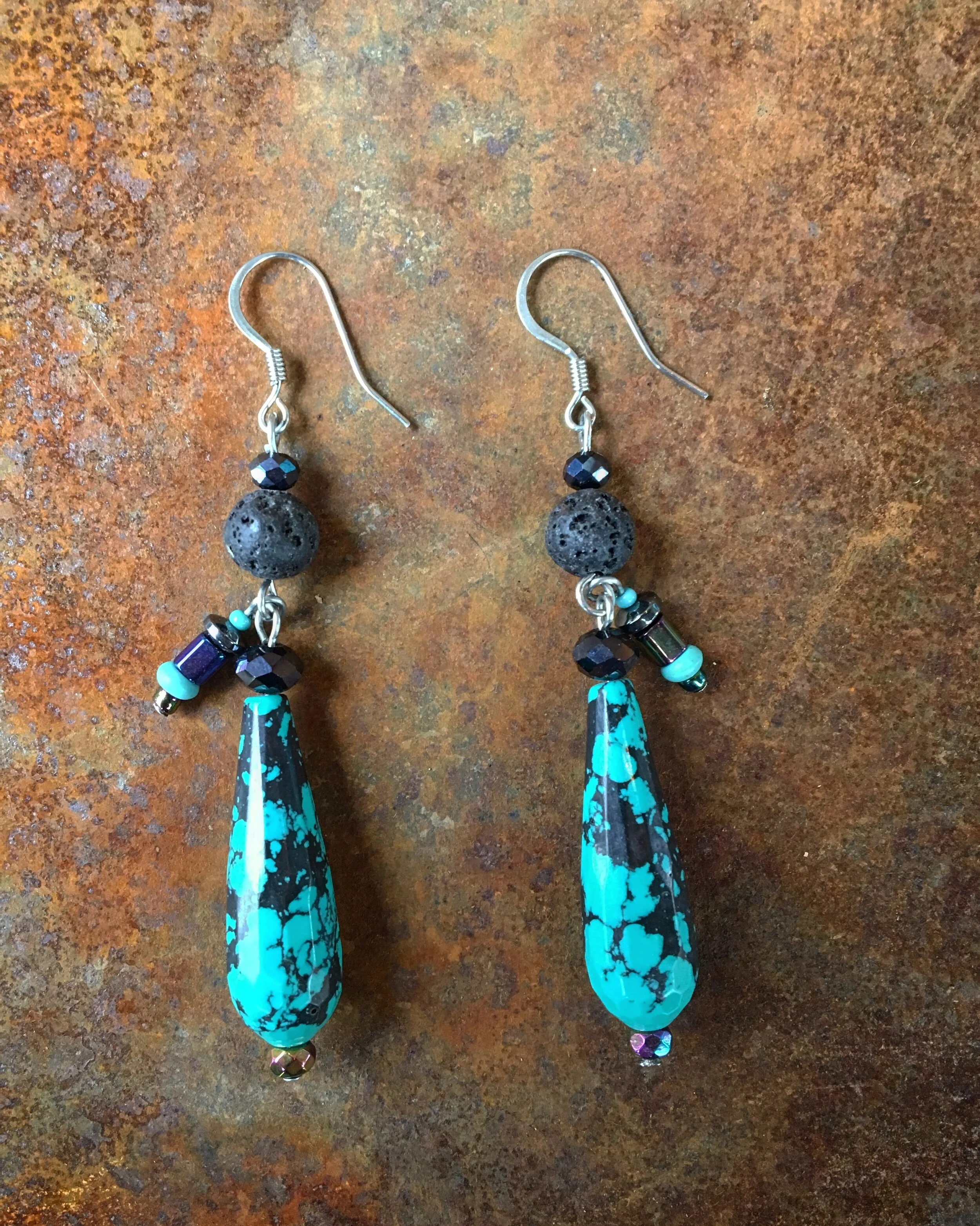 Turquoise Drop Earrings with Lava.JPG