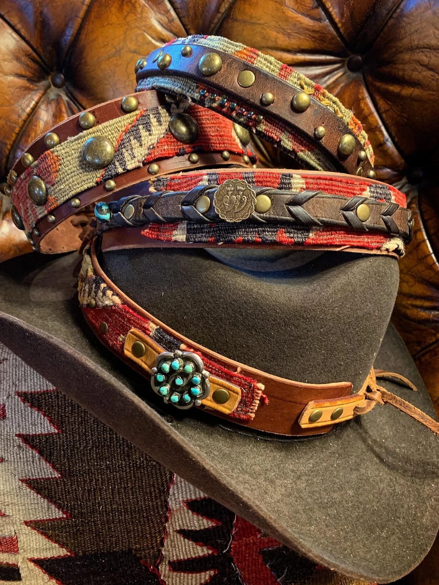 Turkish Kilim hatbands with vintage horse tack accents for Canyon Road Contemporary Art in Santa Fe, NM. @canyon_contemporary 🤠