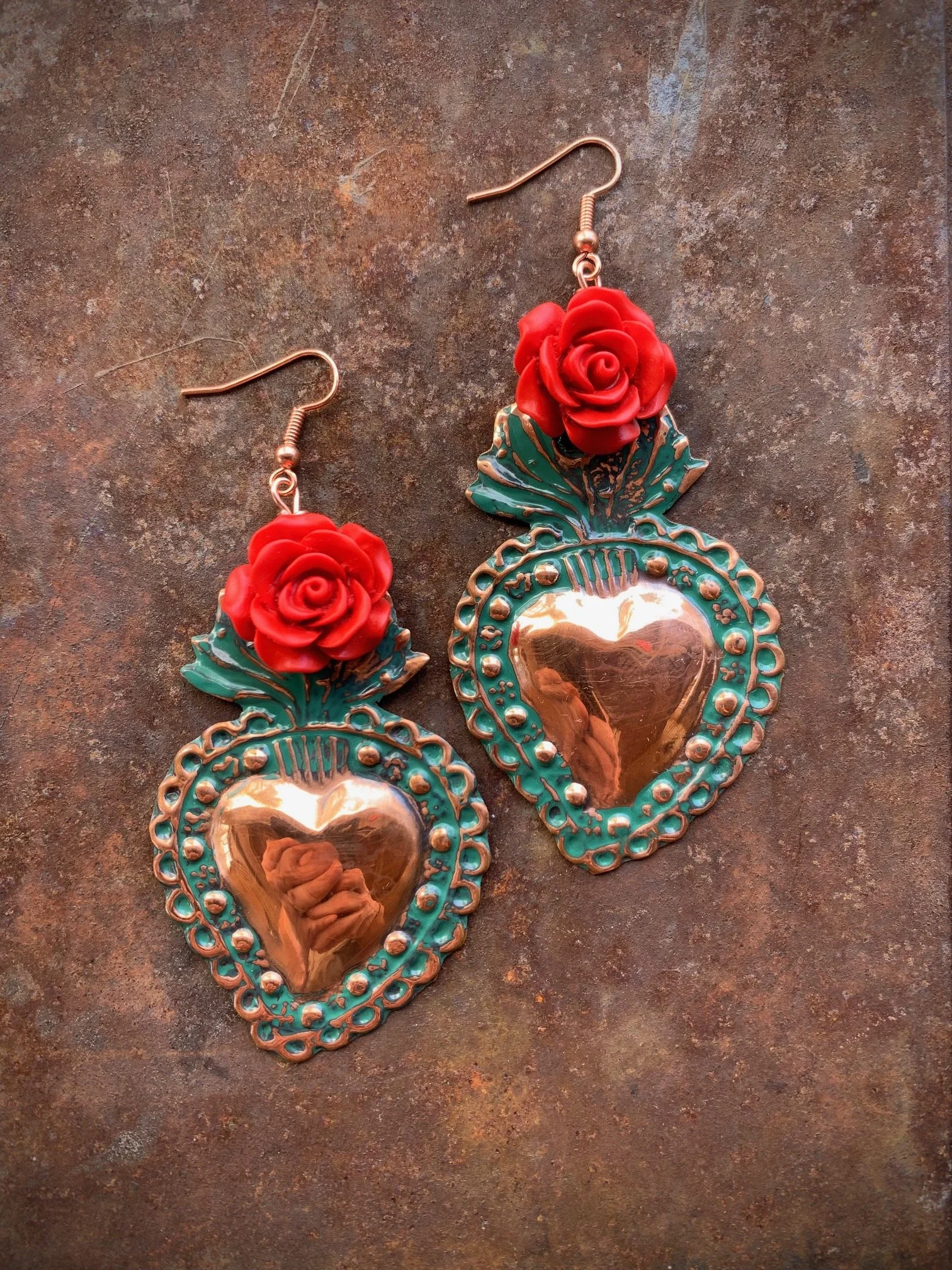 Sacred Heart Earrings with Red Roses