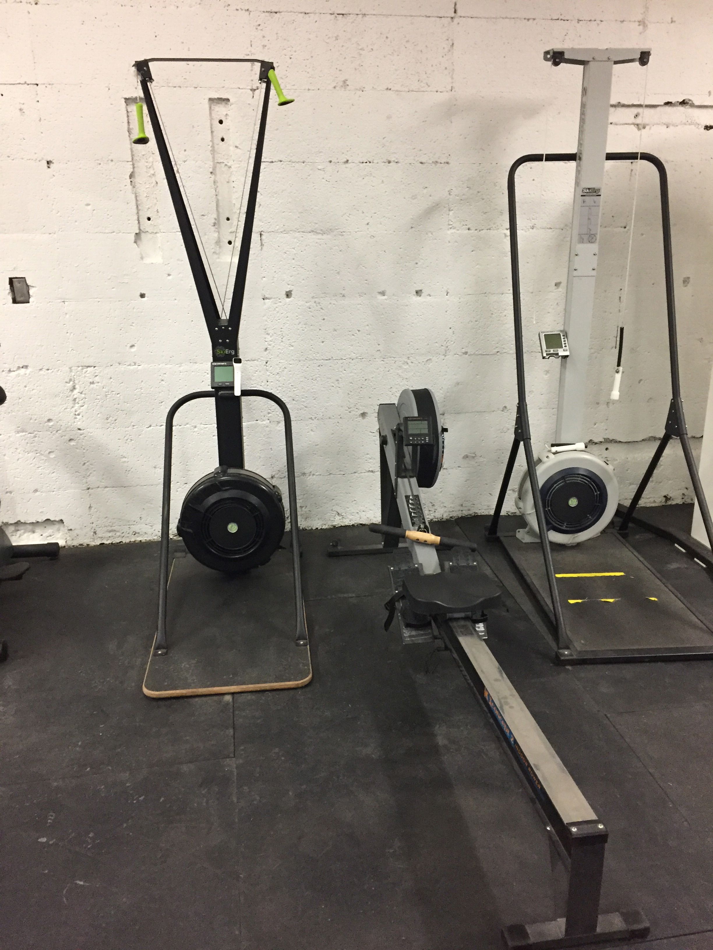 Erg "race-off". Jo rowing vs. me skiing......