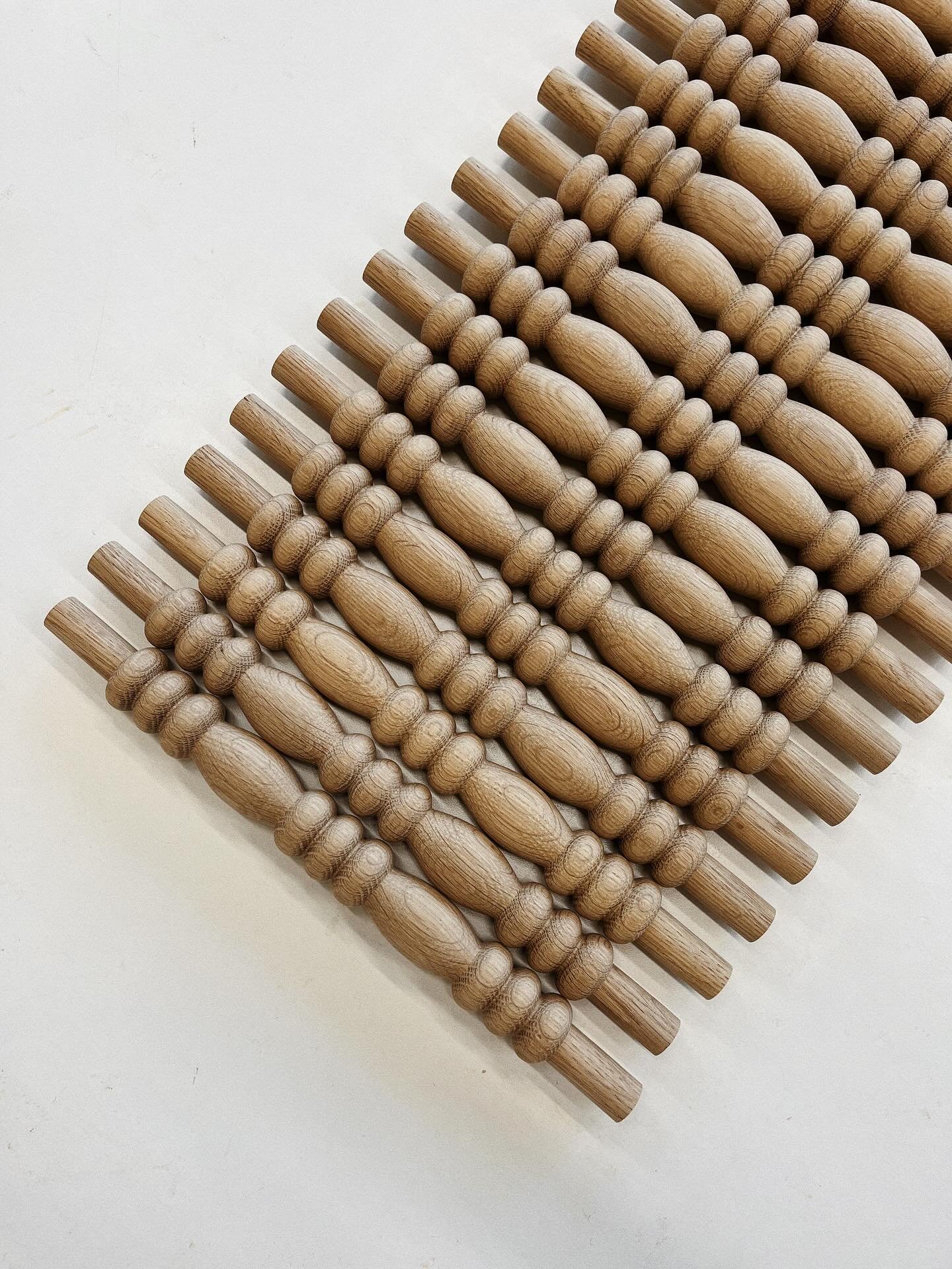 18 identical spindles and 4 identical legs for an @orkiswoodwork dining table &amp; bench. It was so fun to collaborate with Steve on these pieces and also quite a challenge with everything made completely of solid white oak. I&rsquo;ve turned identi