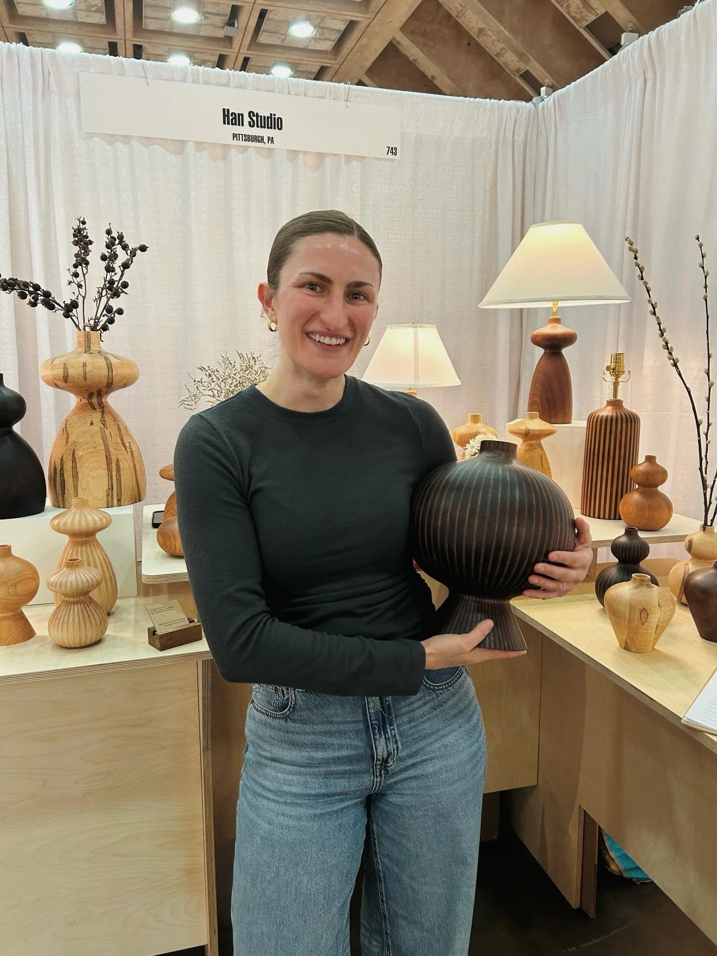 Today&rsquo;s the last day at American Craft Council - Baltimore! I made a collection of the largest vases I&rsquo;ve ever made for this show, including this BIG ebonized walnut one that walked out the door after this photo was taken. It&rsquo;s so r