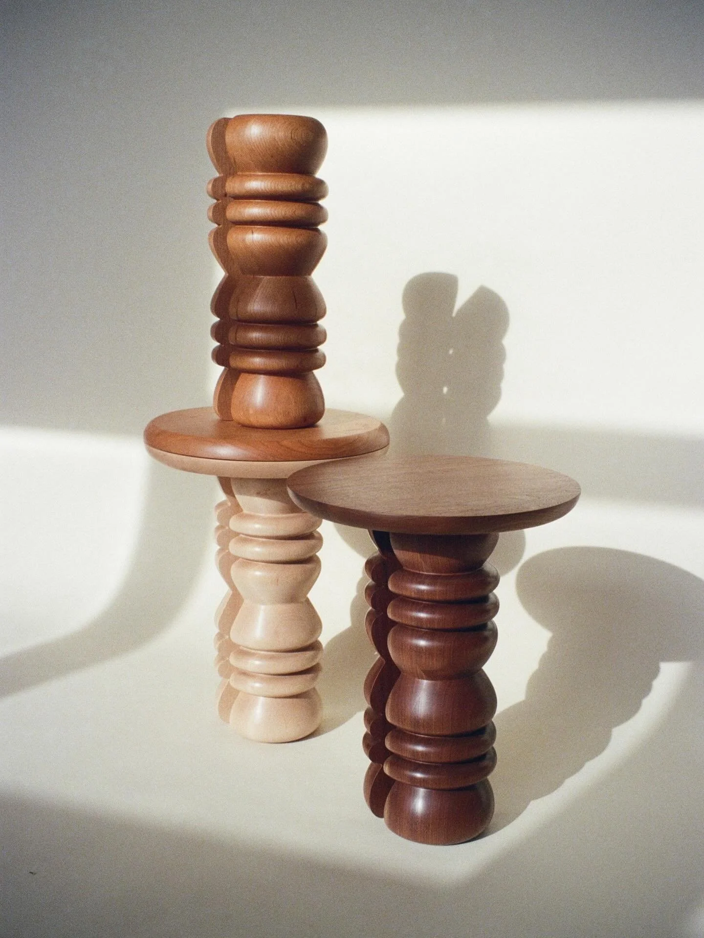 Re-introducing the Eleanor End Table, a staple in the Furniture Collection. Crafted from four layers of solid hardwood, turned on the lathe and then split in half, and topped off with a round tabletop. 

Recently I was able to find &amp; purchase a l