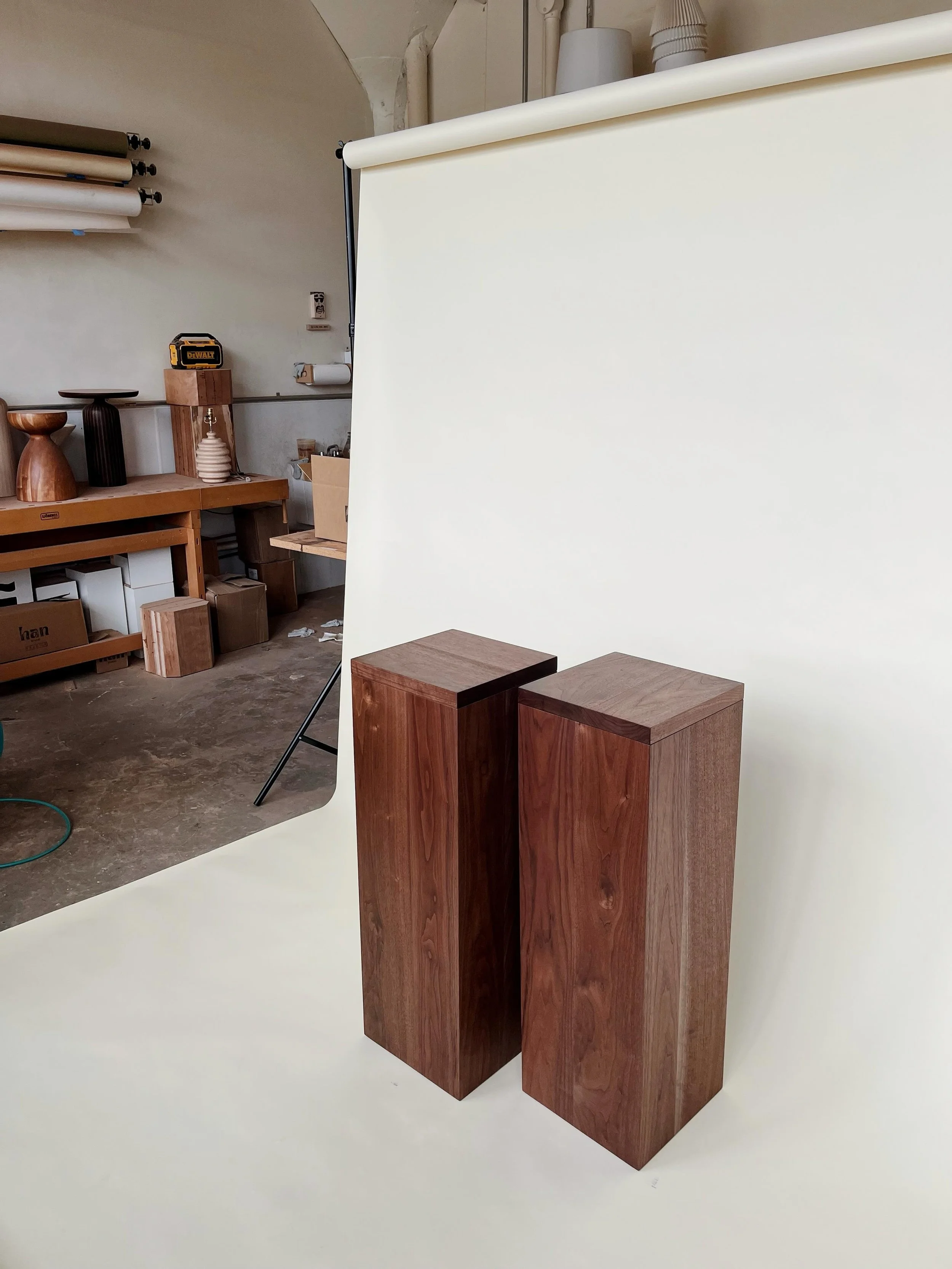 A custom pair of pedestals crafted from solid walnut and measuring 36&rdquo; x 12&rdquo; x 12&rdquo;. These are currently on their way to hold ceramic sculptures in a new home by @brendafridaydesign