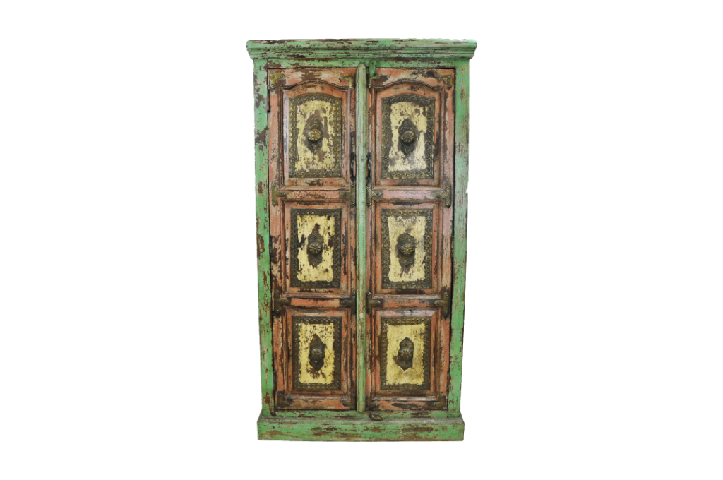 indian brass teak cabinet red yellow green