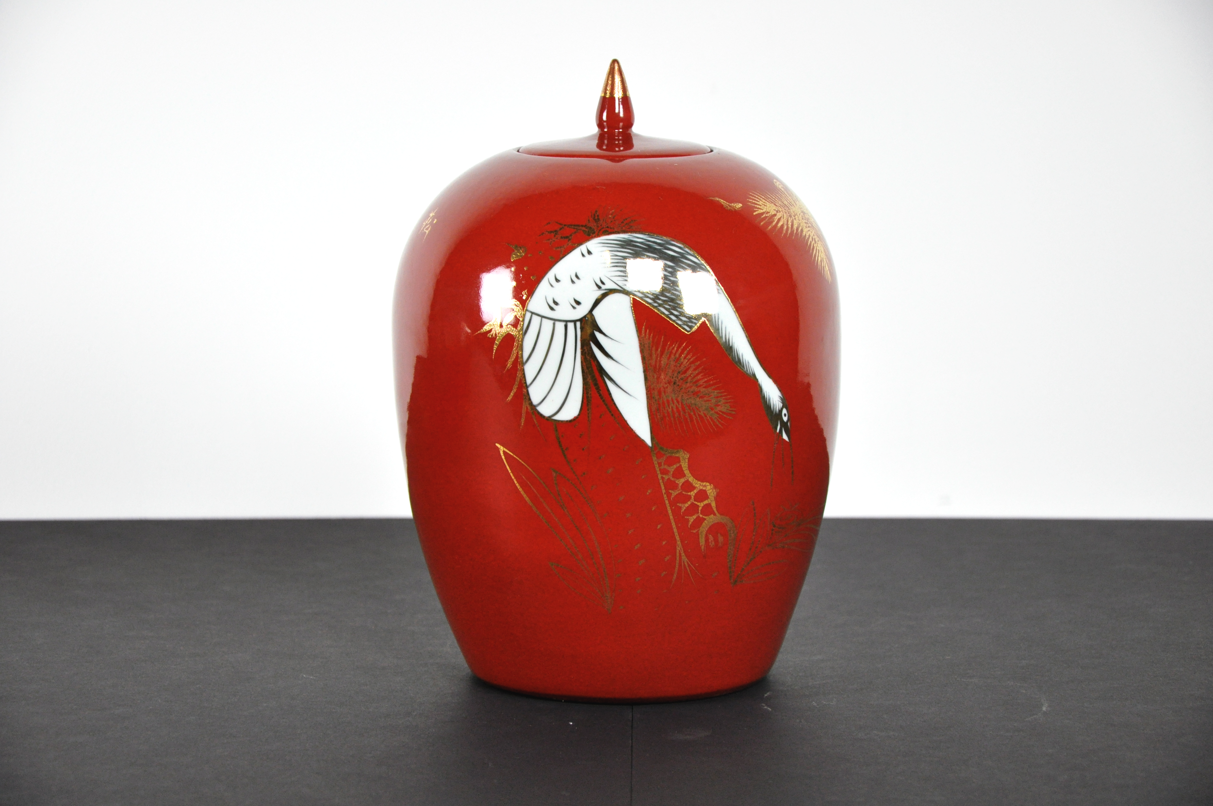 Orange Crane Ceramic Jar Tall