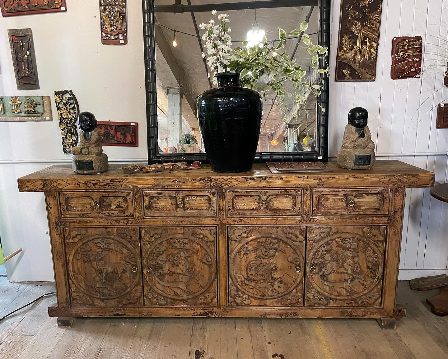 Large Mongolian sideboard cabinet with hand carved mythic animal motif.  Tons of storage in this beauty. 
Dimensions: W88&rdquo; x D17.5&rdquo; X H36&rdquo;
#oneofakindfurniture #interiordesign #asianantiques #homedecor #designideas