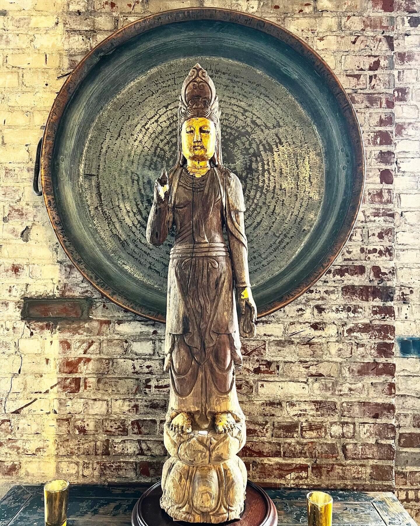 Hand carved wooden Guan Yin with gold leaf from Shandong, China. #chineseart #guanyin #buddhistart #chineseantique #asianart #asianantique #handcarvedbhddha #buddhistart #woodbuddha #buddhasculpture #woodcarving