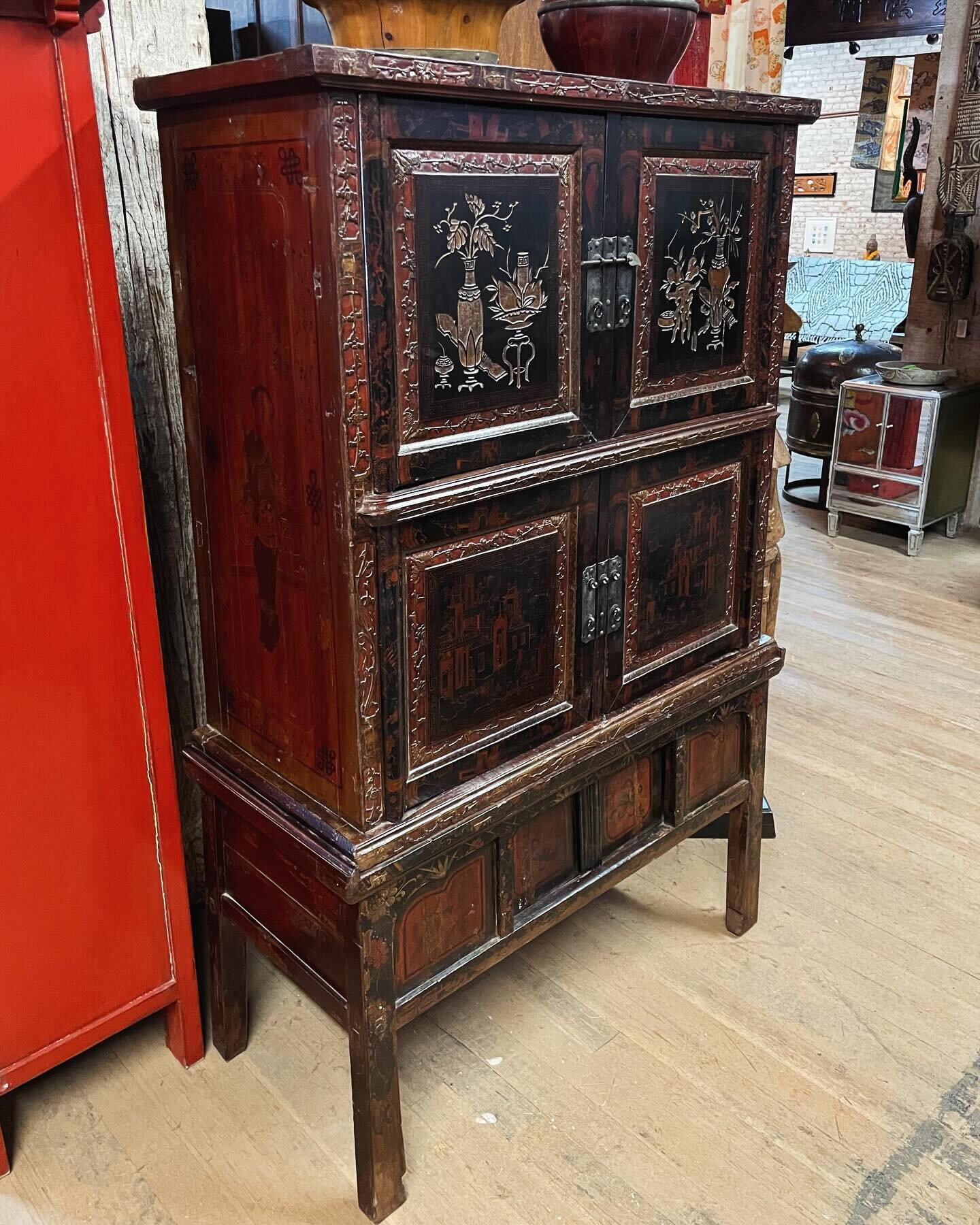 One of our favorites in the warehouse, and one of the oldest at almost 150 years.  The combination of intricate carving and hand painted details makes this truly a one of a kind piece.  All original hardware and with the original certificate of antiq