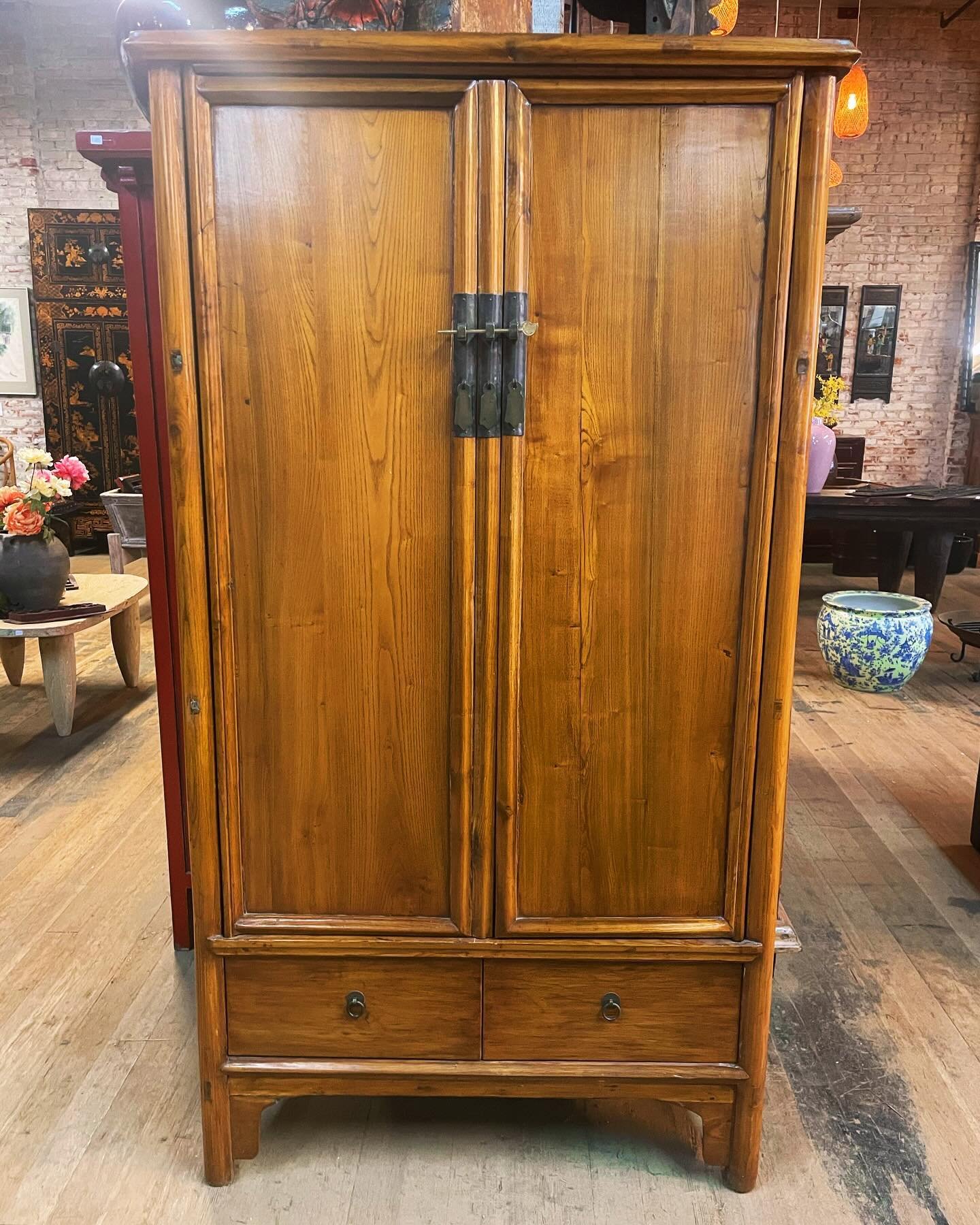 Another favorite of ours in the warehouse.  Clean lines and very warm Asian Elmwood on this Shanxi China cabinet.  In excellent shape and approaching 110 years old.  People often think that you can&rsquo;t match Asian and western styles of furniture,