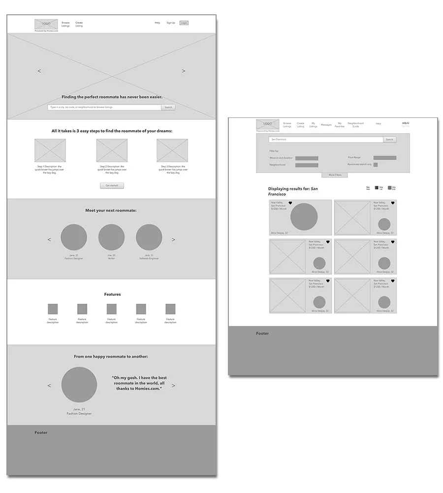 Designs of homepage and an early design of the search results 