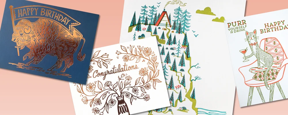 The final letterpress printed / foil printed cards - printed on a Vandercook #3 Proof Press or a Heidelberg Windmill. Notice the offset printing in the color letterpress prints, this is my favorite part of a final piece!
