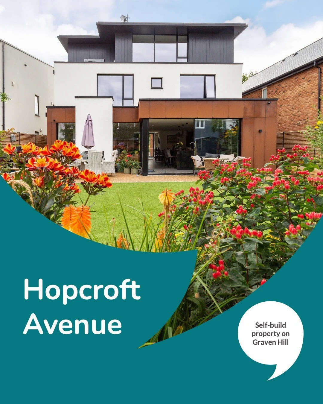 This striking residential project is located on Hopcroft Avenue within the sought-after Graven Hill Self-Build community, near Bicester.

Designed by us, this executive three-storey, five-bedroom home sits within the rural lane character area and dem