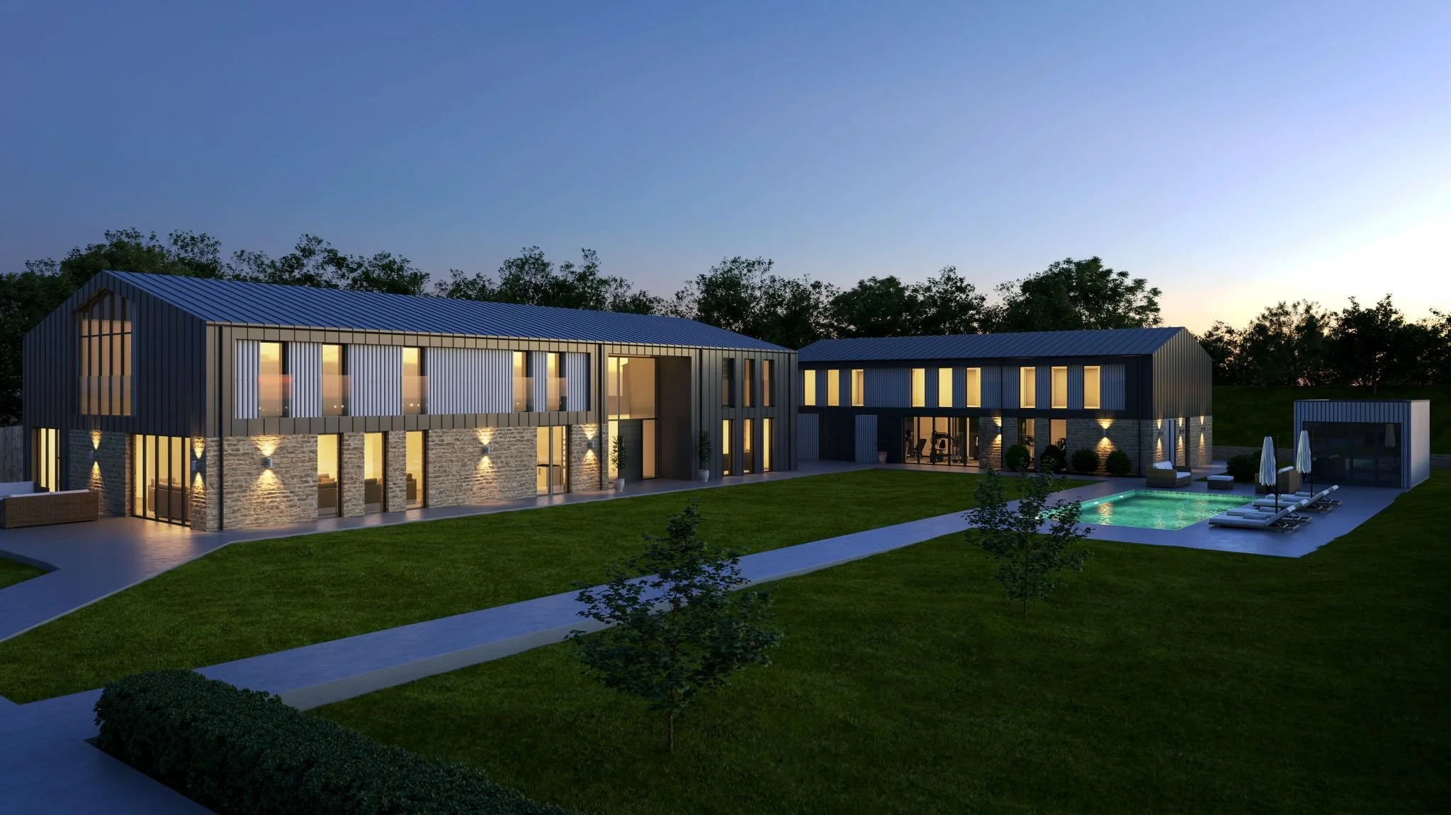 Combe Barn is a completed barn conversion scheme near South Cerney in Gloucestershire.

This ambitious 8,500 sqft project transformed two modern portal-frame barns into one exceptional countryside residence. The main barn now provides generous living