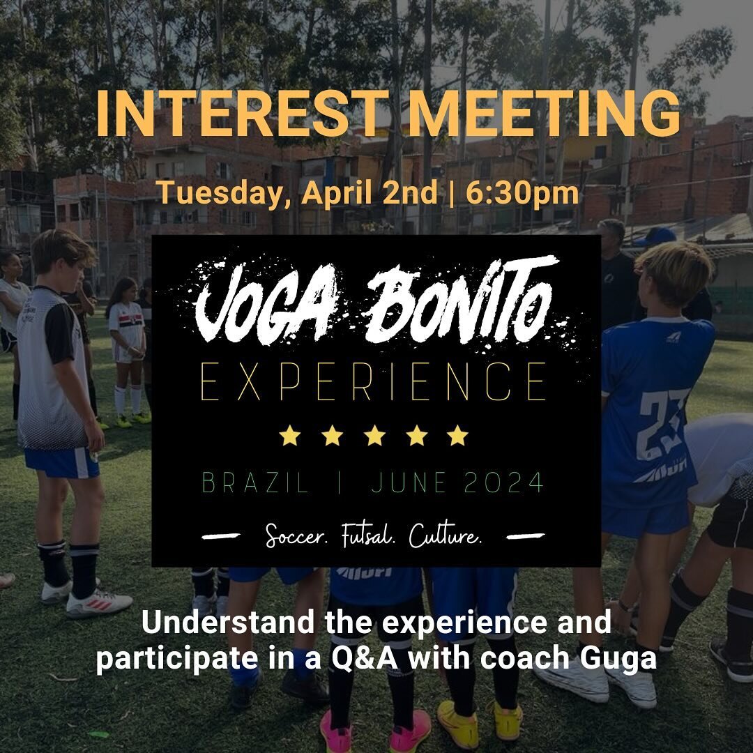 Join us at our upcoming interest meeting where Coach Guga will address all of your questions about the Joga Bonito Brazil Experience 2024.

Visit the link in our bio, and fill out the form to receive the meeting details. Don&rsquo;t miss out on this 