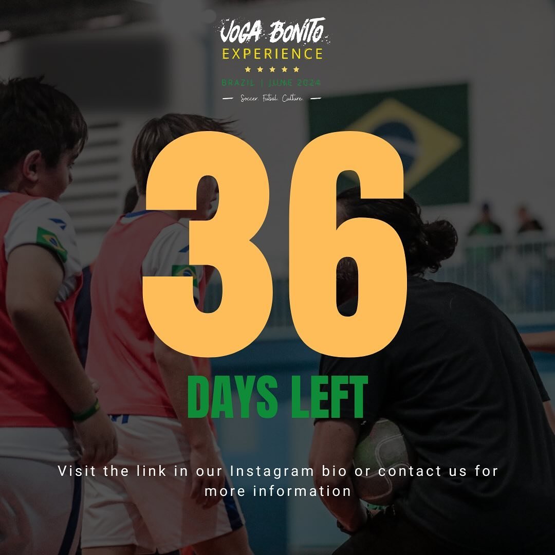 Only 36 days left until the Joga Bonito Brazil Experience! 
Join us in this unforgettable journey to Brazil, exploring stadiums, playing futsal and soccer, immersing in culture, and more. ⚽🇧🇷 

Don&rsquo;t miss out, visit the link in our Instagram 