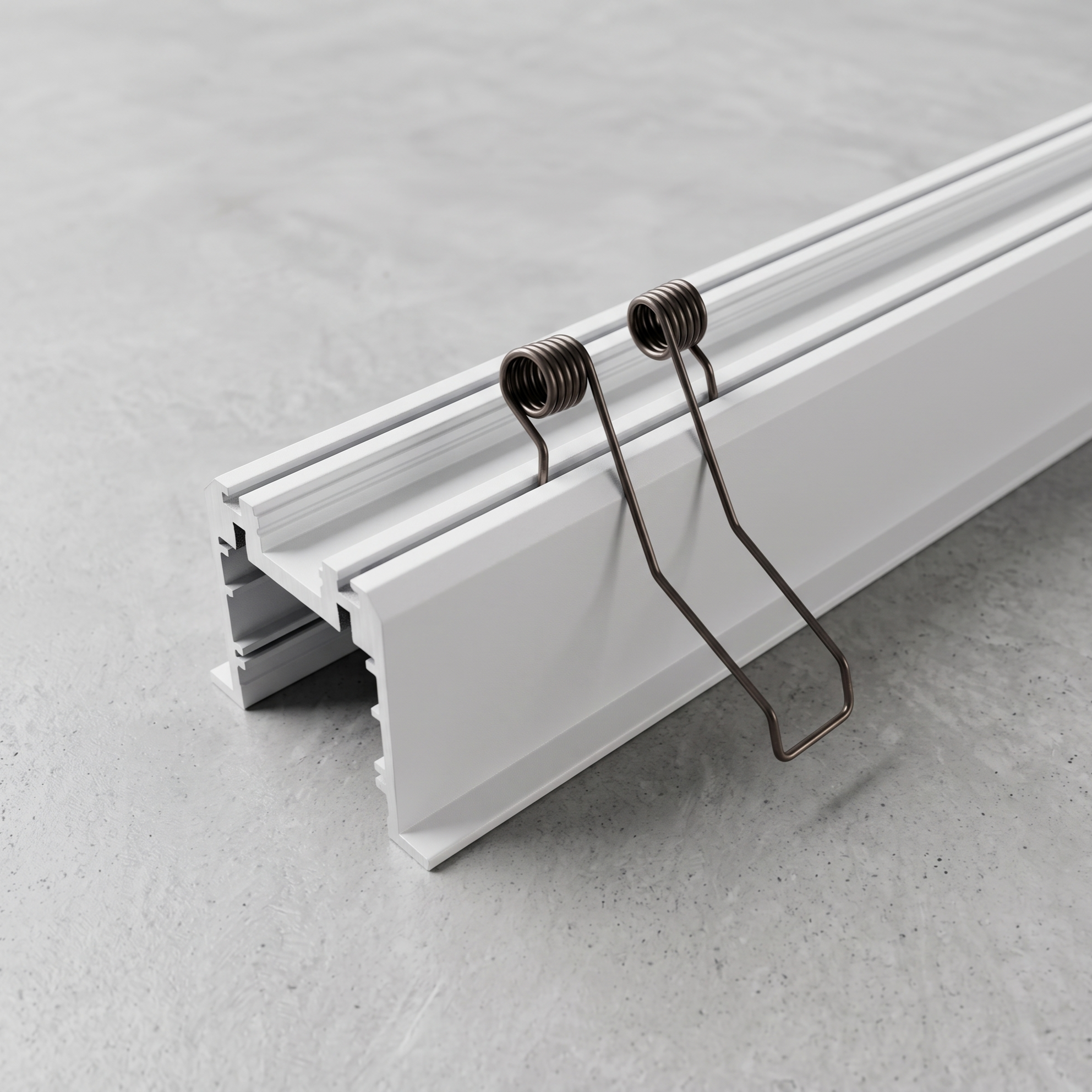 Une pièce en aluminium blanc avec deux clips métalliques en spirale fixés dessus, posée sur une surface grise.