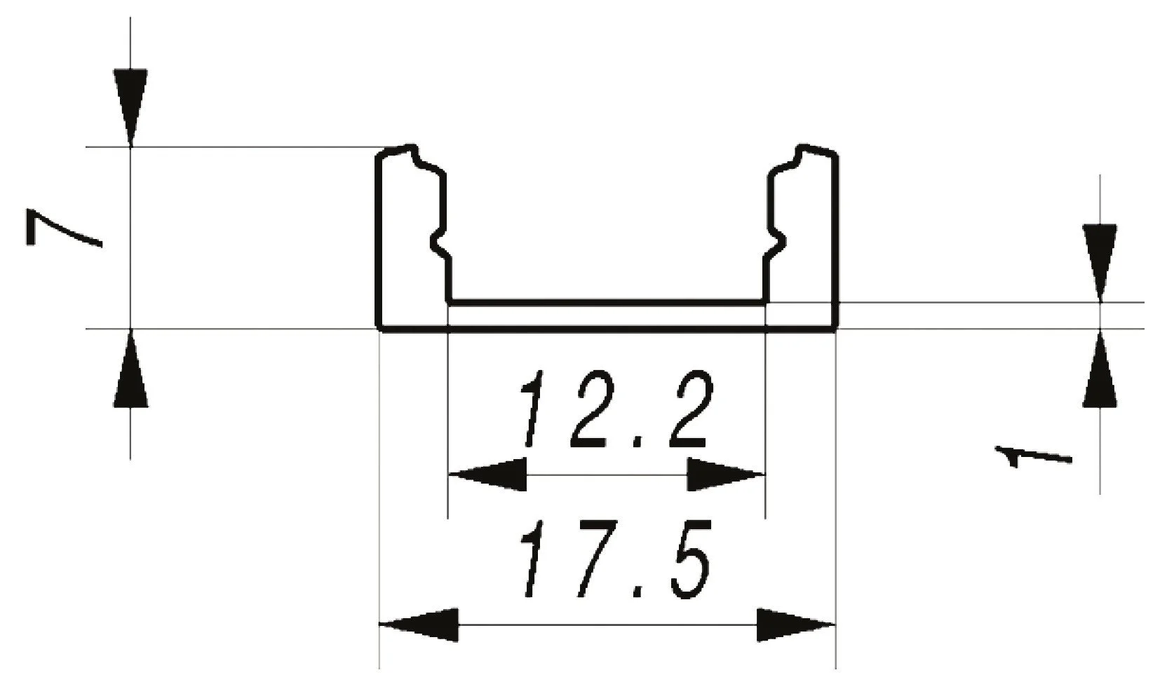 Plan d'une pièce mécanique avec dimensions, montrant une forme rectangulaire avec des détails de coupe et de profil, mesures indiquées en millimètres.