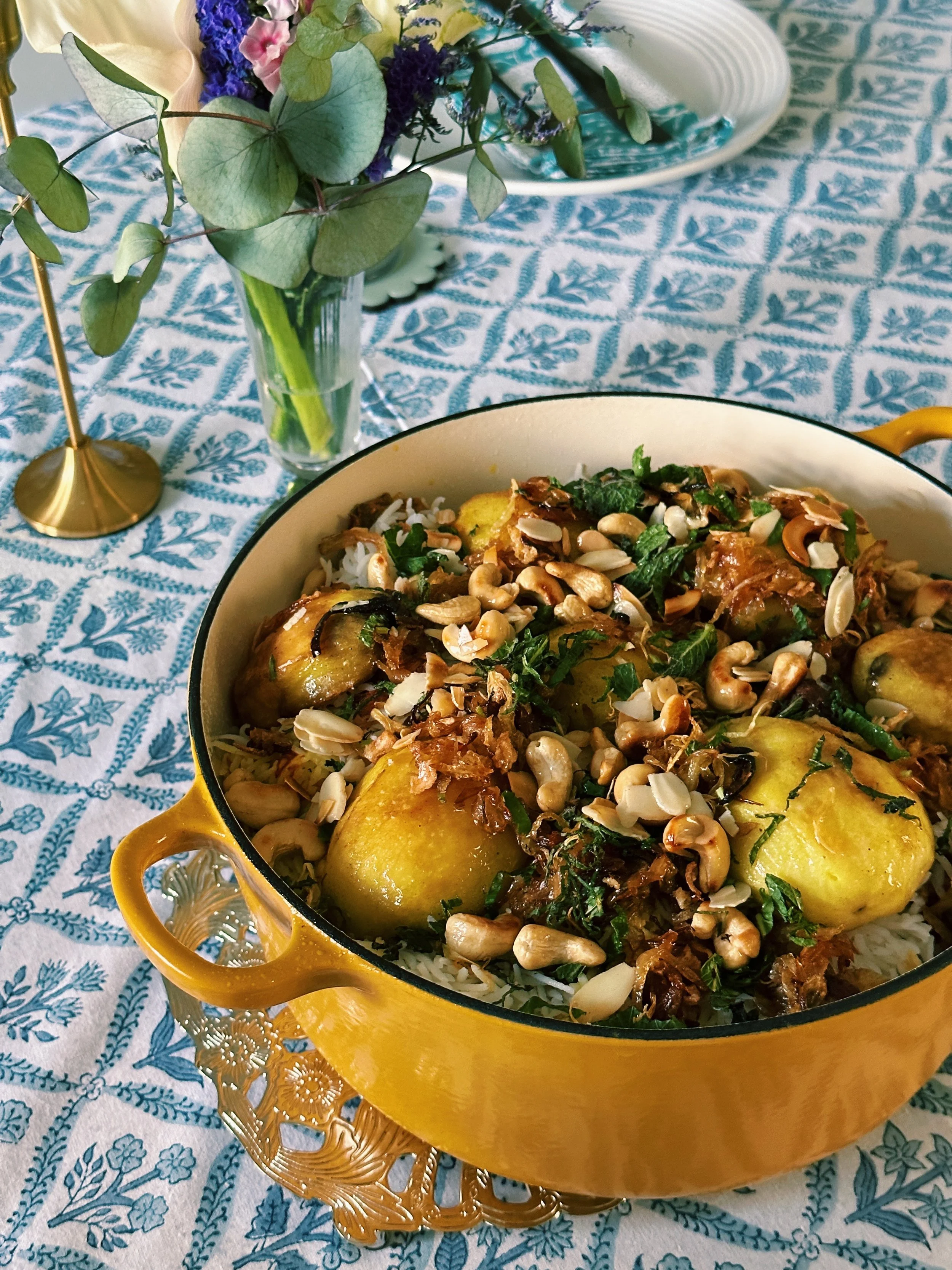 Kacchi Mutton Biryani (Dhaka style mutton and rice layers) — golden tiffin