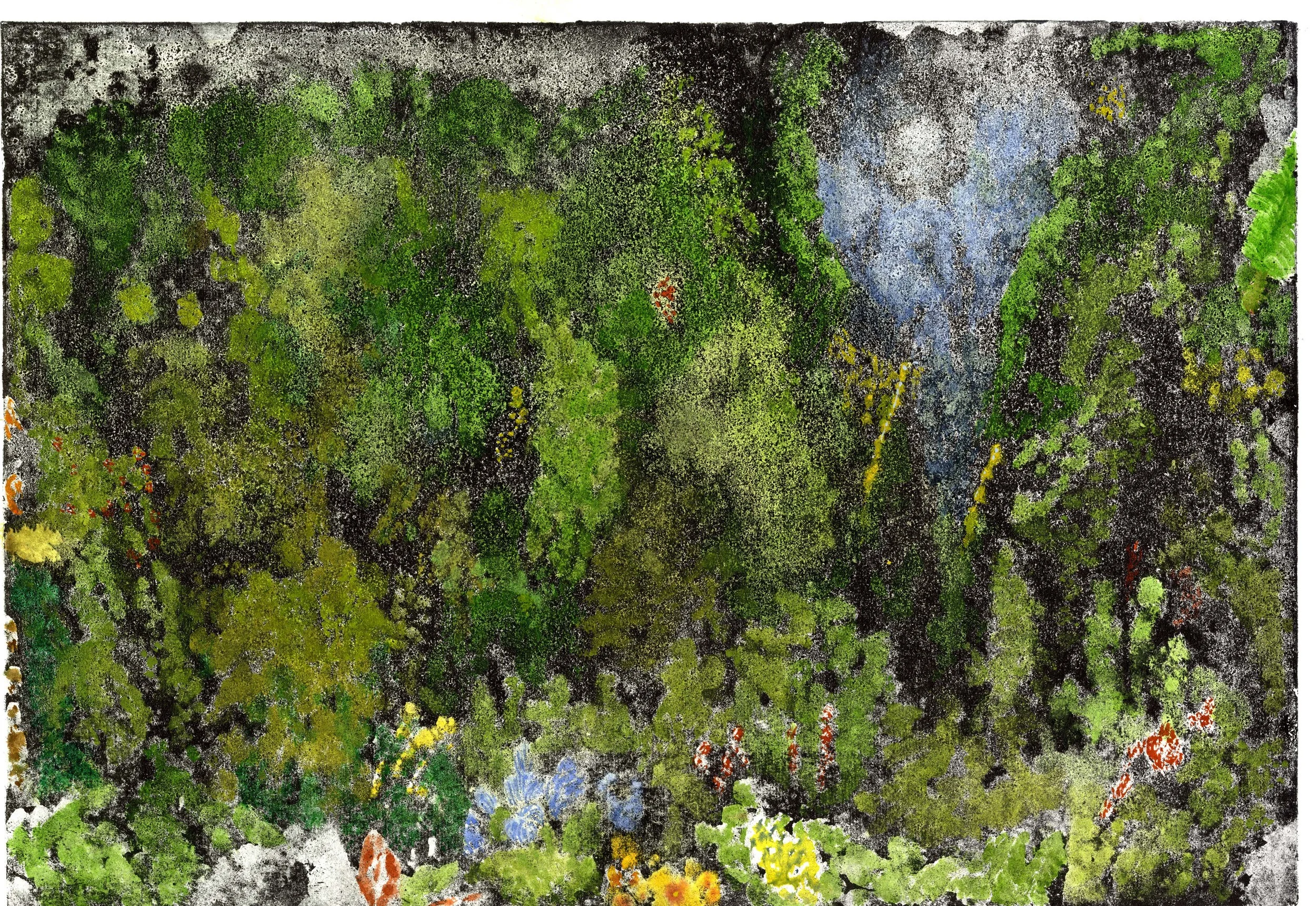 RAD 2, random acid drawing that shows moonlight in a secluded garden of flowers and colour