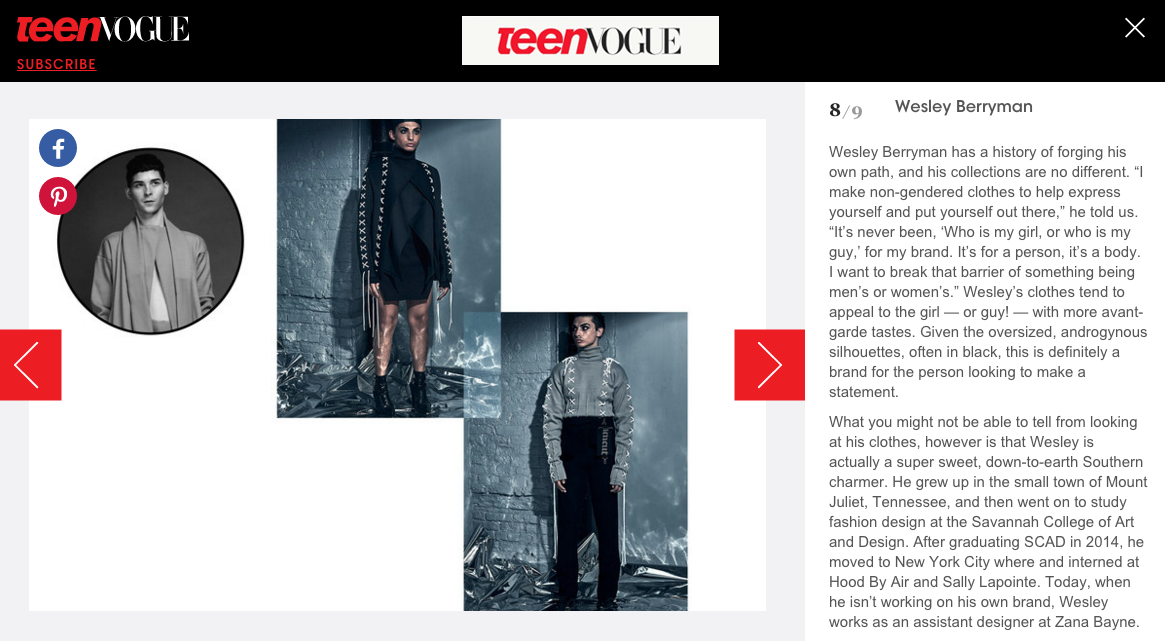 Wesley Berryman named one of the "7 Coolest Designers You Need to Know Now" by Teen Vogue