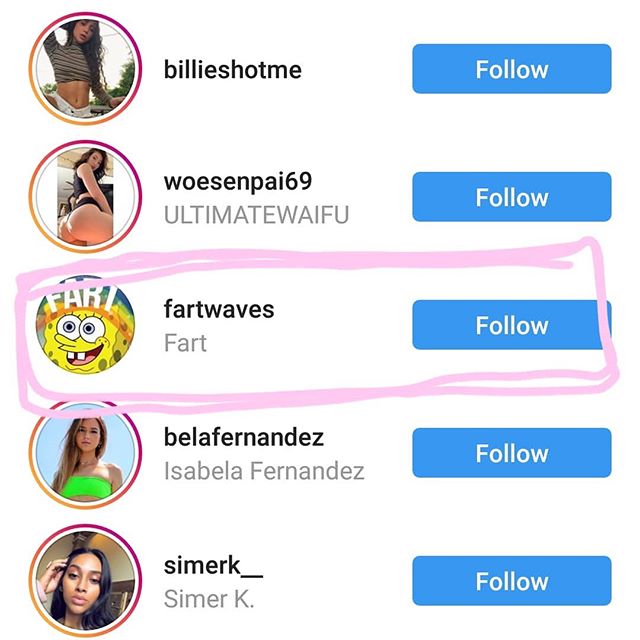 When someone you love, who shall remain unnamed, says they &quot;only use Insta to follow hot chicks&quot; and you notice a curious outlier.

I dare you --&gt; @fartwaves.