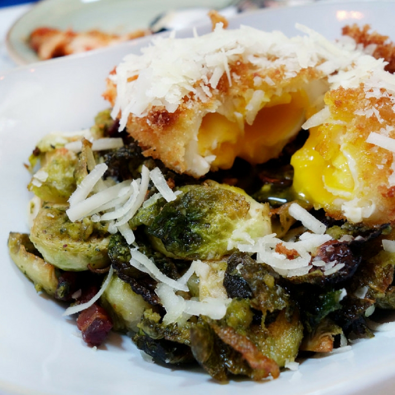 The Brussel Sprouts are to die for! Cilantro Pistachio Pesto, Smoked Bacon, Crispy Egg in the middle and Pecorino Cheese! YUMMMM I'm so Hungry right now!