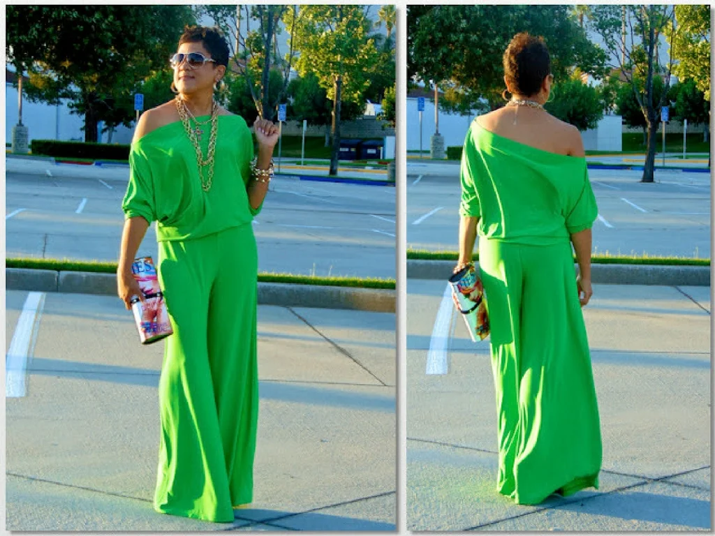 green off shoulder jumpsuit