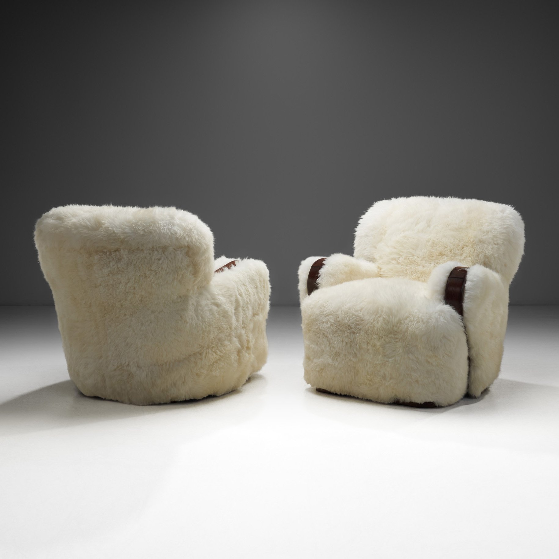A Pair of European Armchairs in White Sheepskin, Europe 20th Century