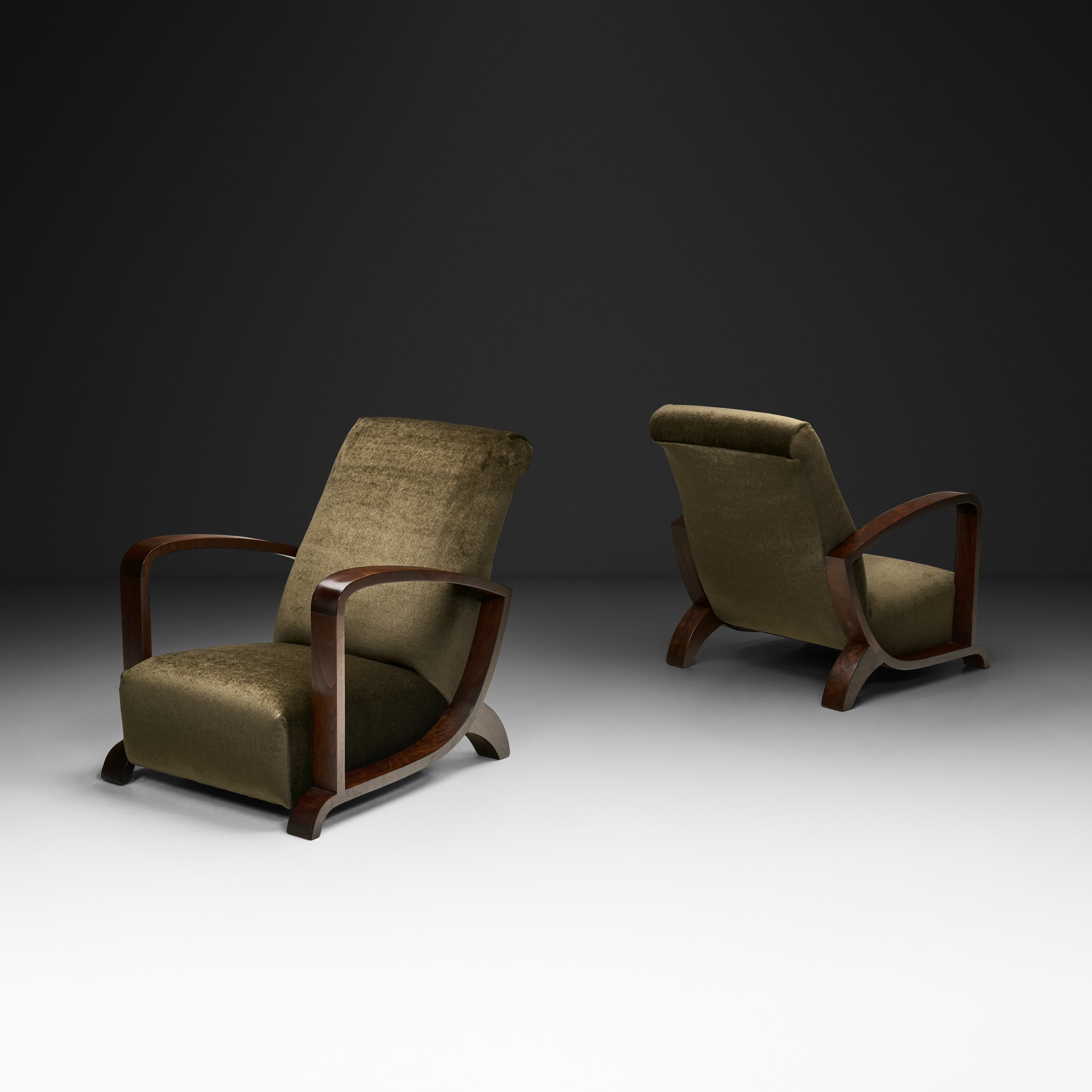 Pair of Art Deco Armchairs with Moss Green Upholstery, Europe 1930s