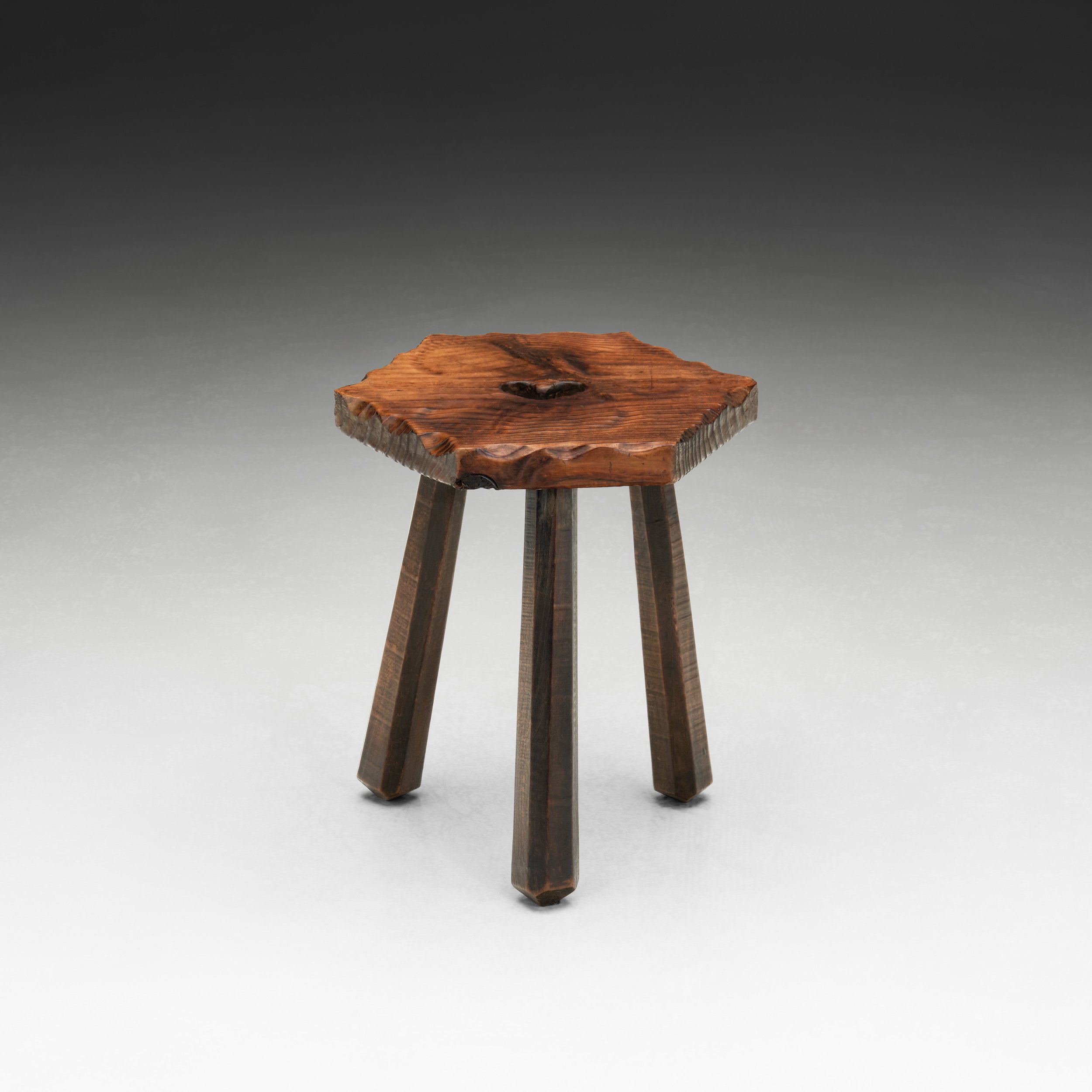 Brutalist Wooden Tripod Stool with Carved Heart Detail, Spain 1960s (sold)