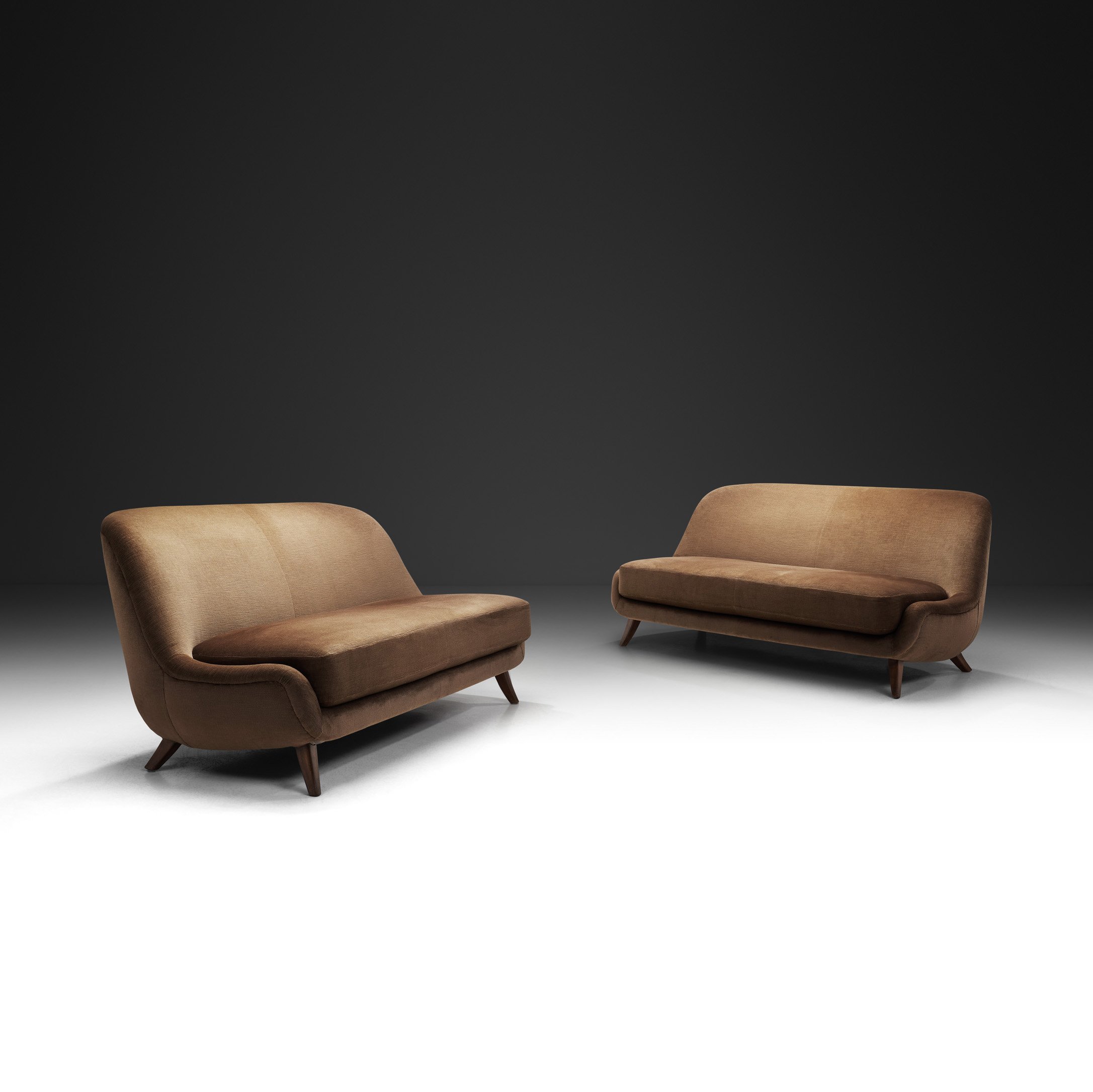 Pair of Velour Two-Seater Sofa with Solid Wood Legs, Europe ca 1950s