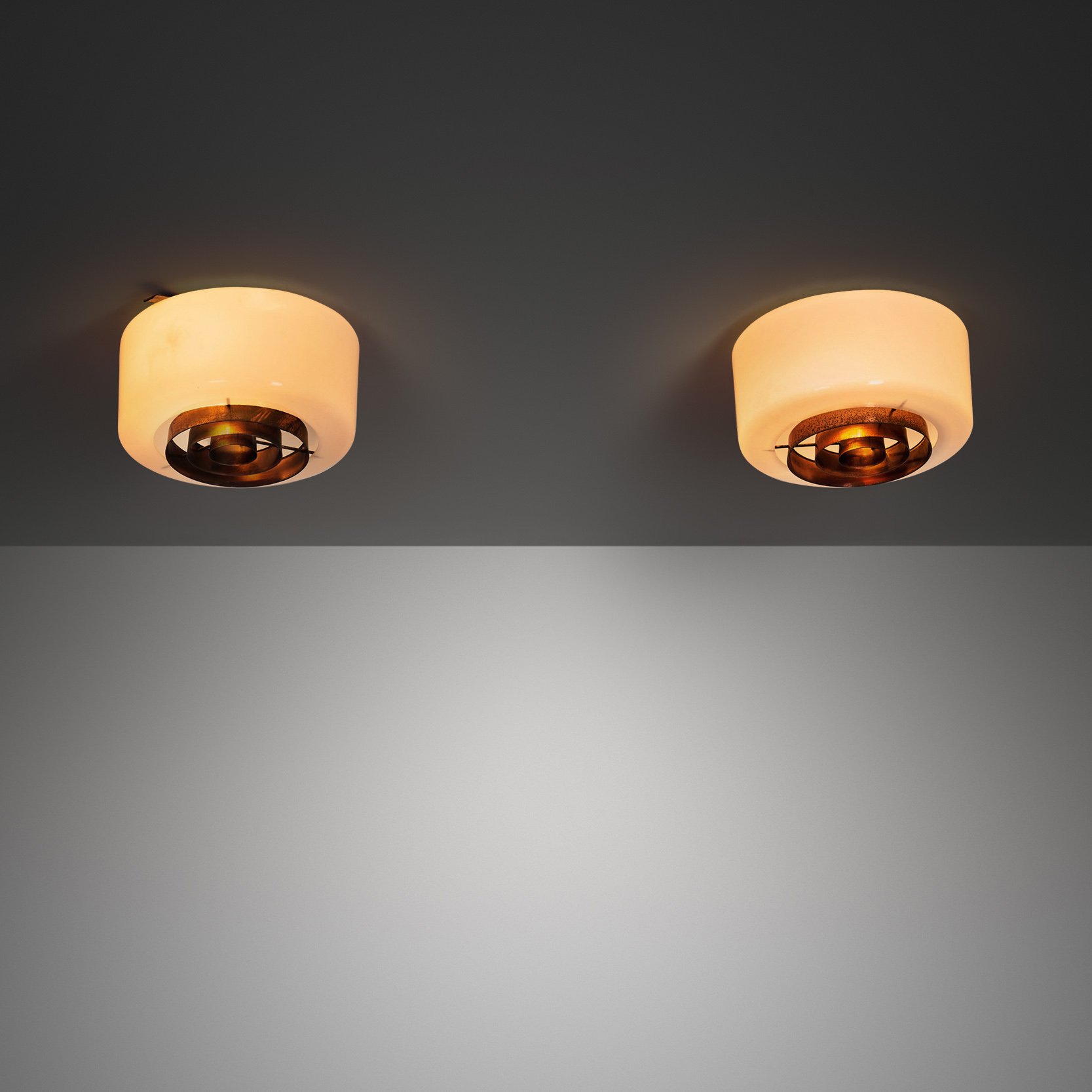 Pair of "A2-7" Copper and Opal Glass Ceiling Lamps by Paavo Tynell for Idman, Finland Mid-20th Century