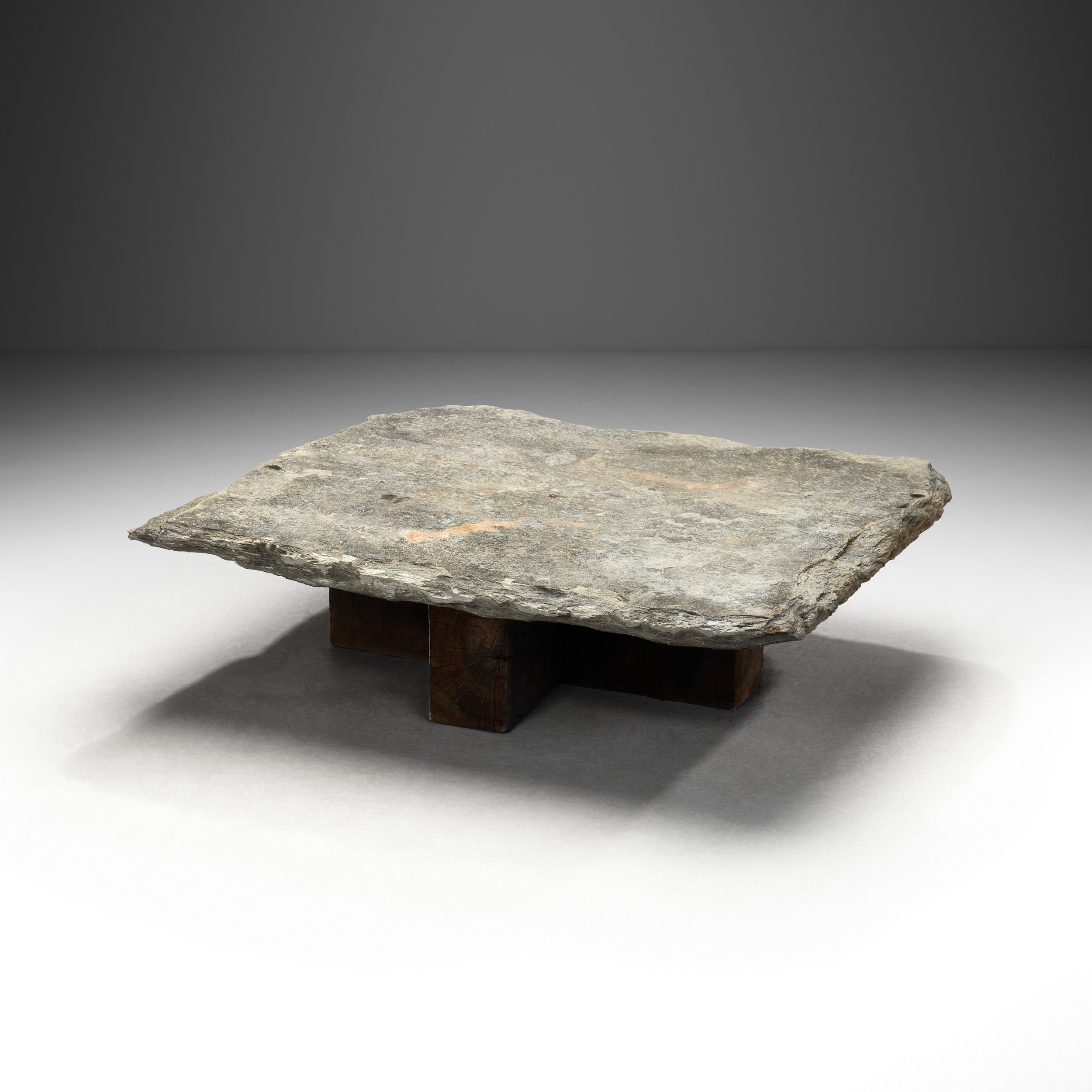 Brutalist Slate and Solid Oak Low Table, Spain 1960s (sold)