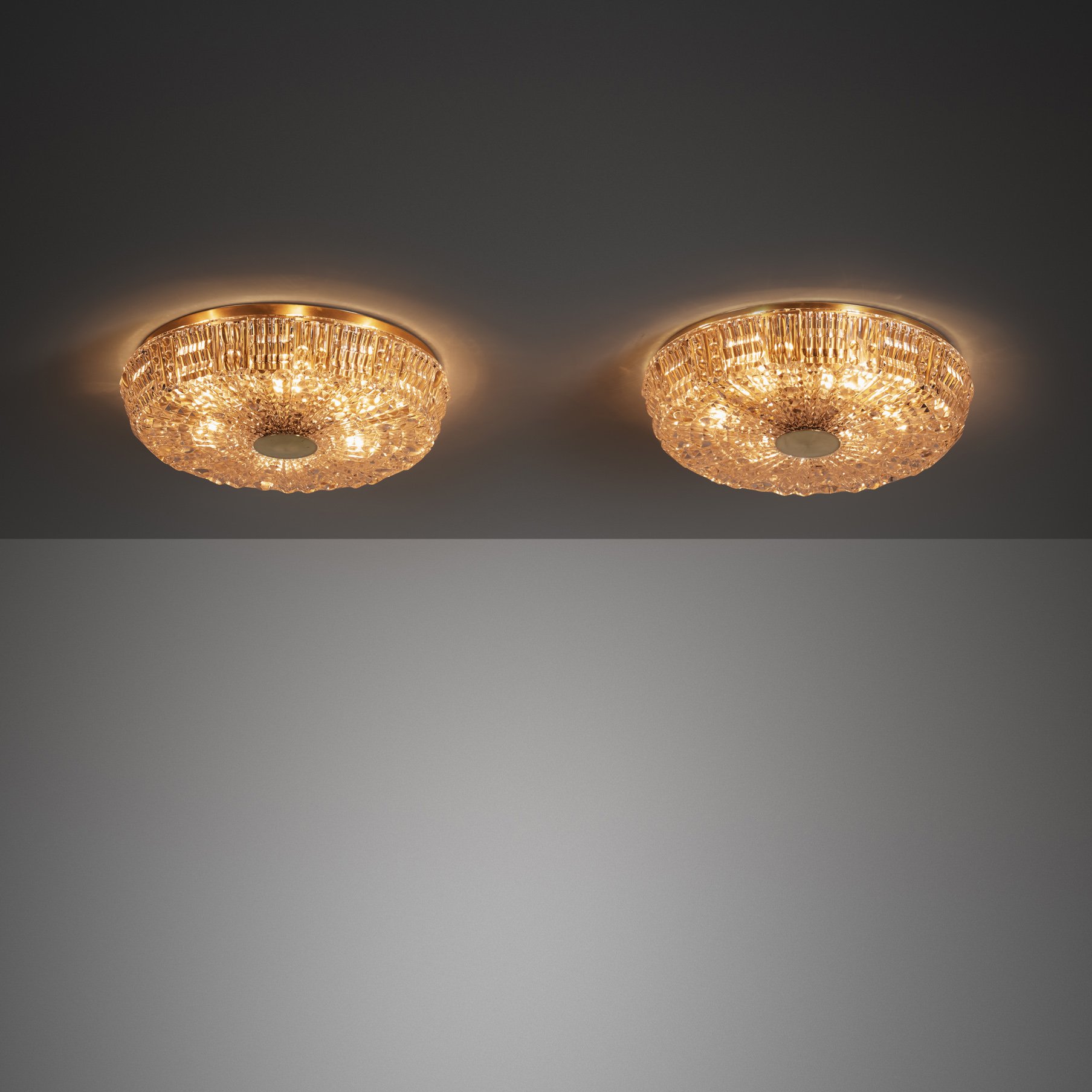 Pair of Crystal Glass and Brass Ceiling Lamps by Carl Fagerlund, Sweden ca. 1950s