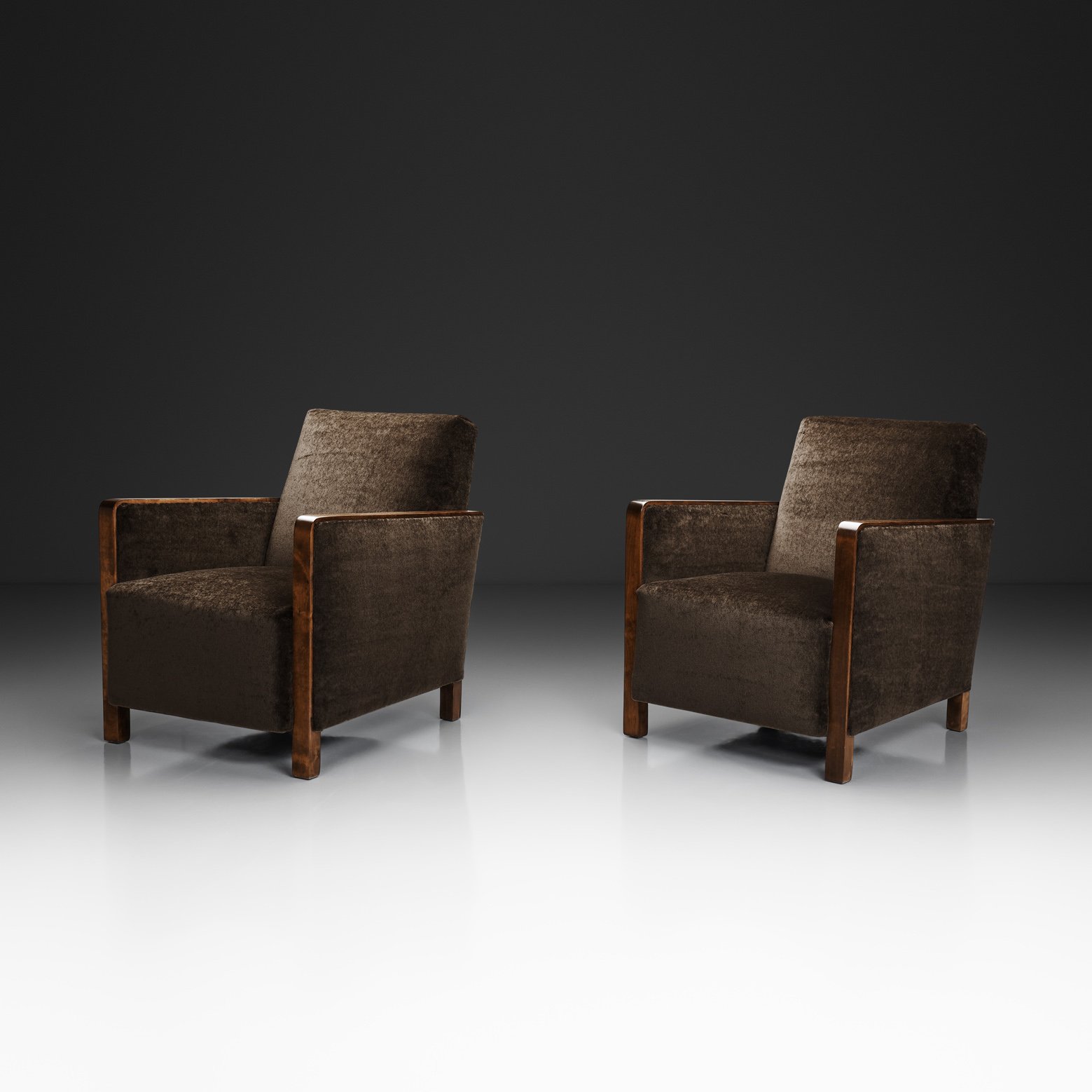 Pair of Birch Armchairs with Brown Upholstery, Sweden 1930s