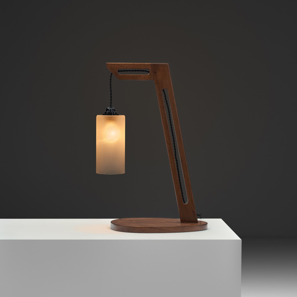 Cantilever Wood Table Lamp with Glass Shade, Europe 1980s