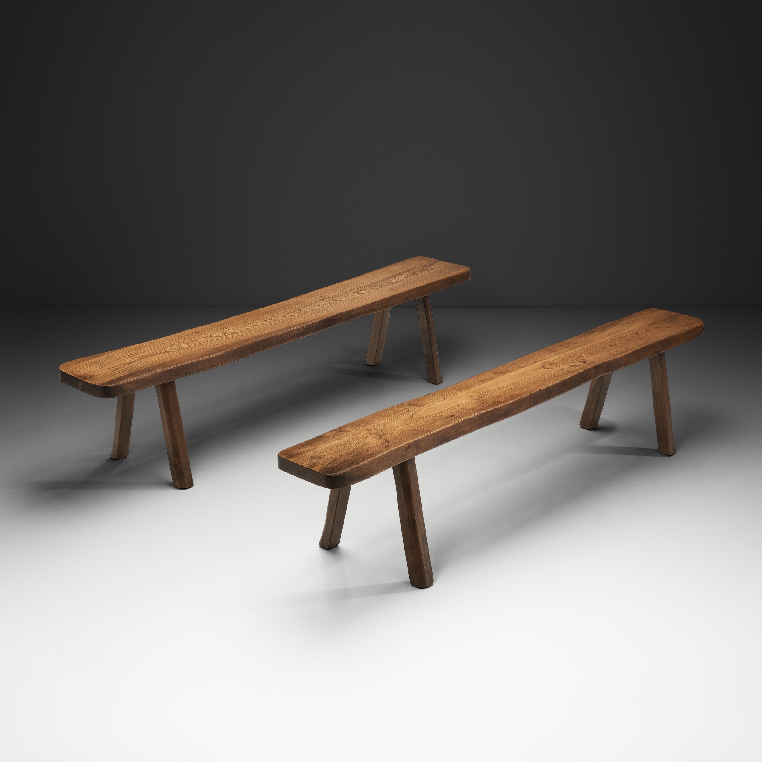 Pair of Elm Wood Benches, Europe Mid-20th Century